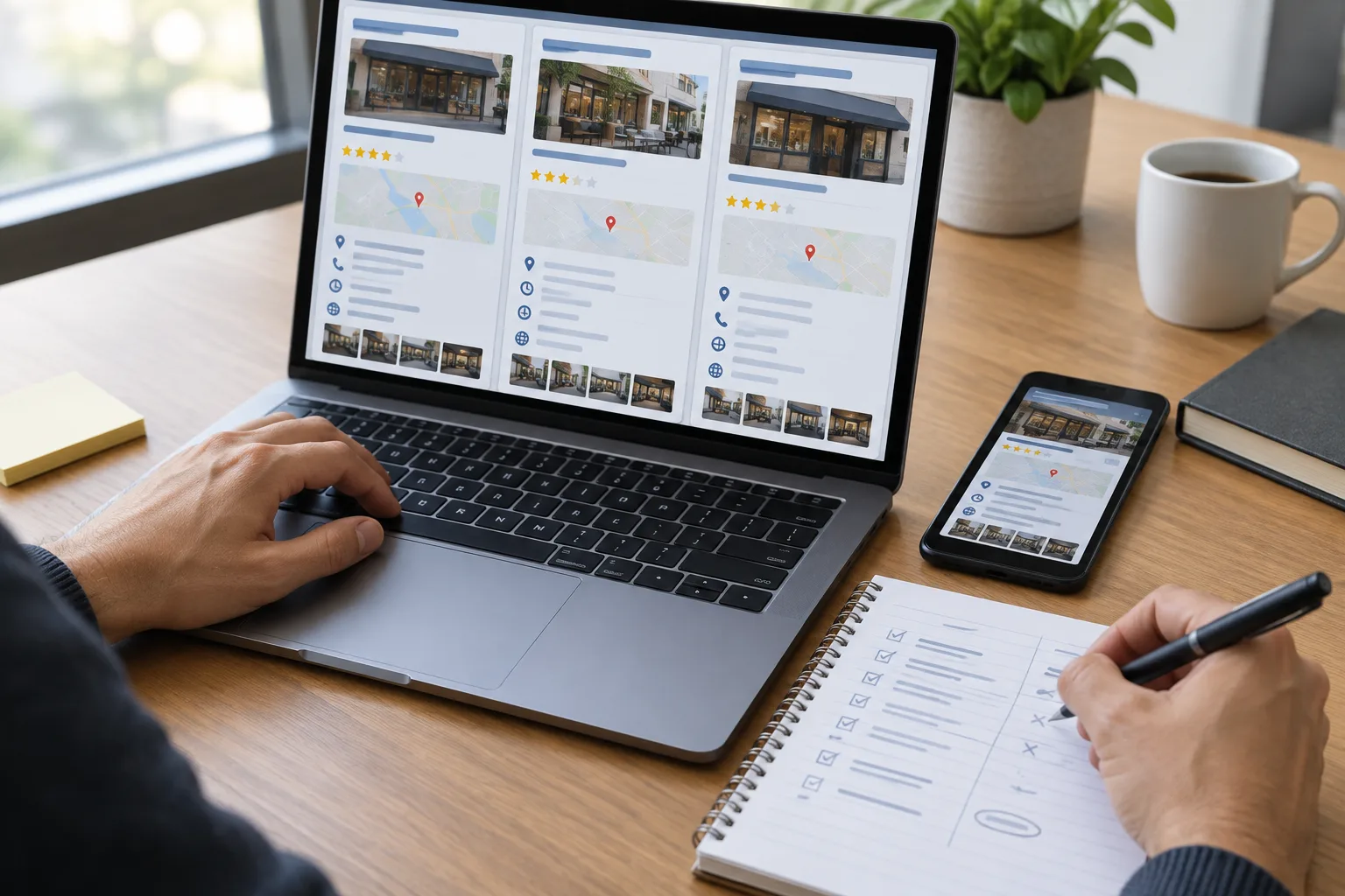 Des mains comparent des pages de fiches professionnelles sur un ordinateur et prennent des notes.