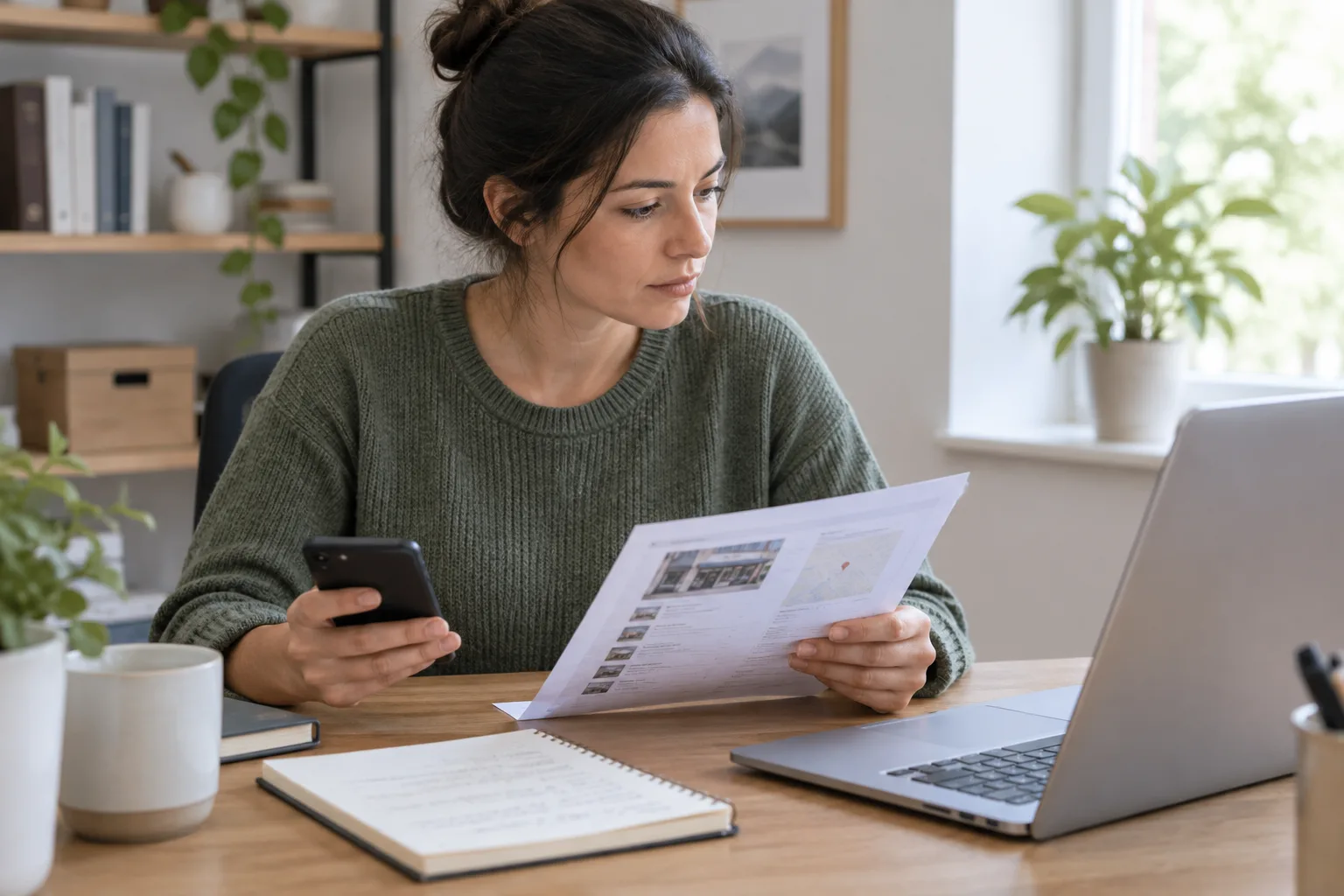 Un professionnel compare des informations d’entreprise sur un ordinateur et des notes papier.