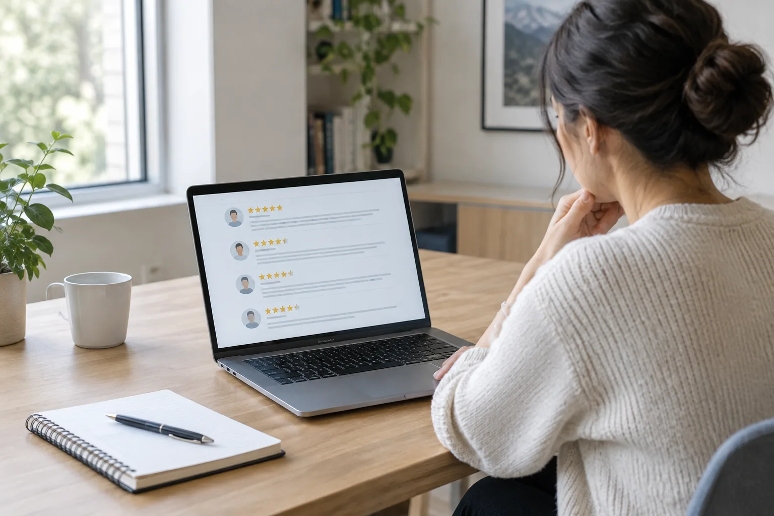 Un professionnel consulte des avis en ligne sur un ordinateur, avec un carnet ouvert à côté.