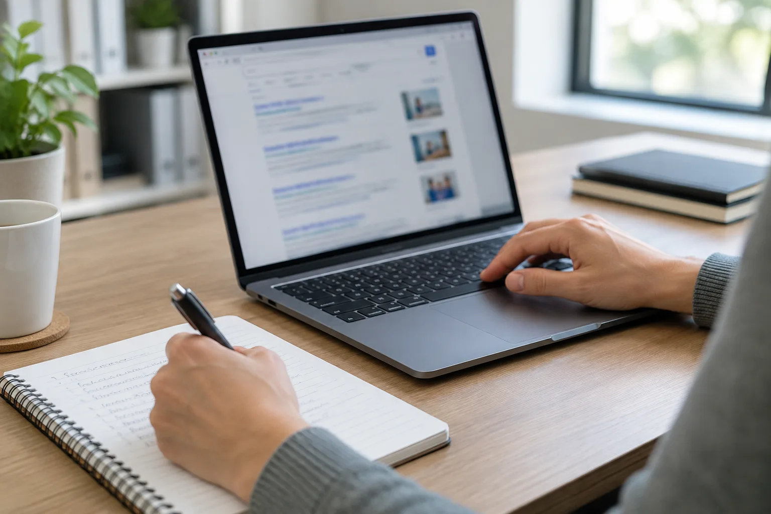 Des mains prennent des notes à côté d’un ordinateur affichant des résultats de recherche floutés.