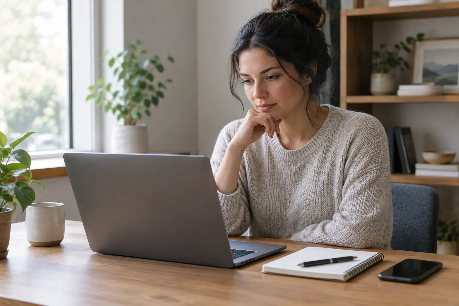 Un professionnel consulte un avis en ligne sur un ordinateur, un carnet posé à côté.