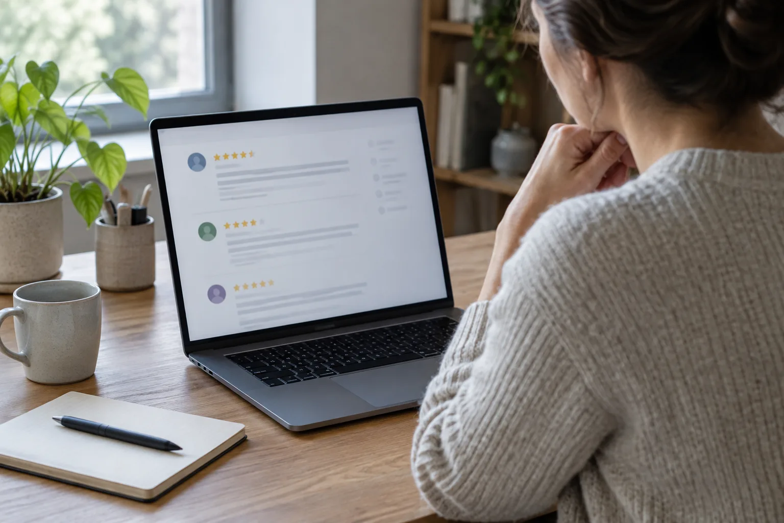 Un professionnel examine prudemment un avis en ligne sur son ordinateur.