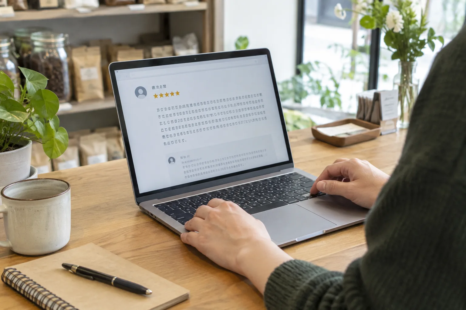Un professionnel consulte un avis client sur un ordinateur dans son commerce.
