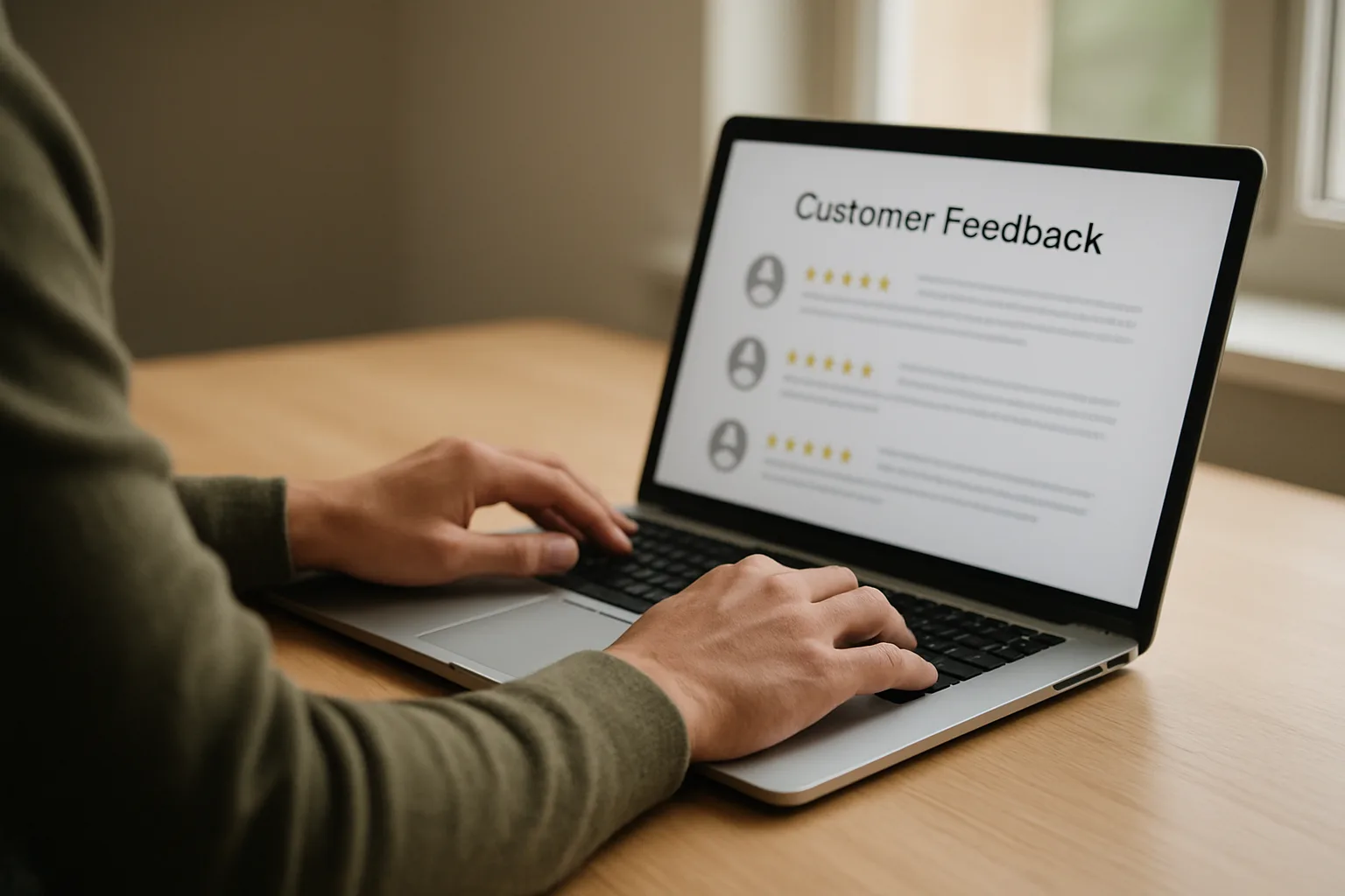 Un professionnel consulte des avis clients sur un ordinateur portable, dans un espace de travail calme.
