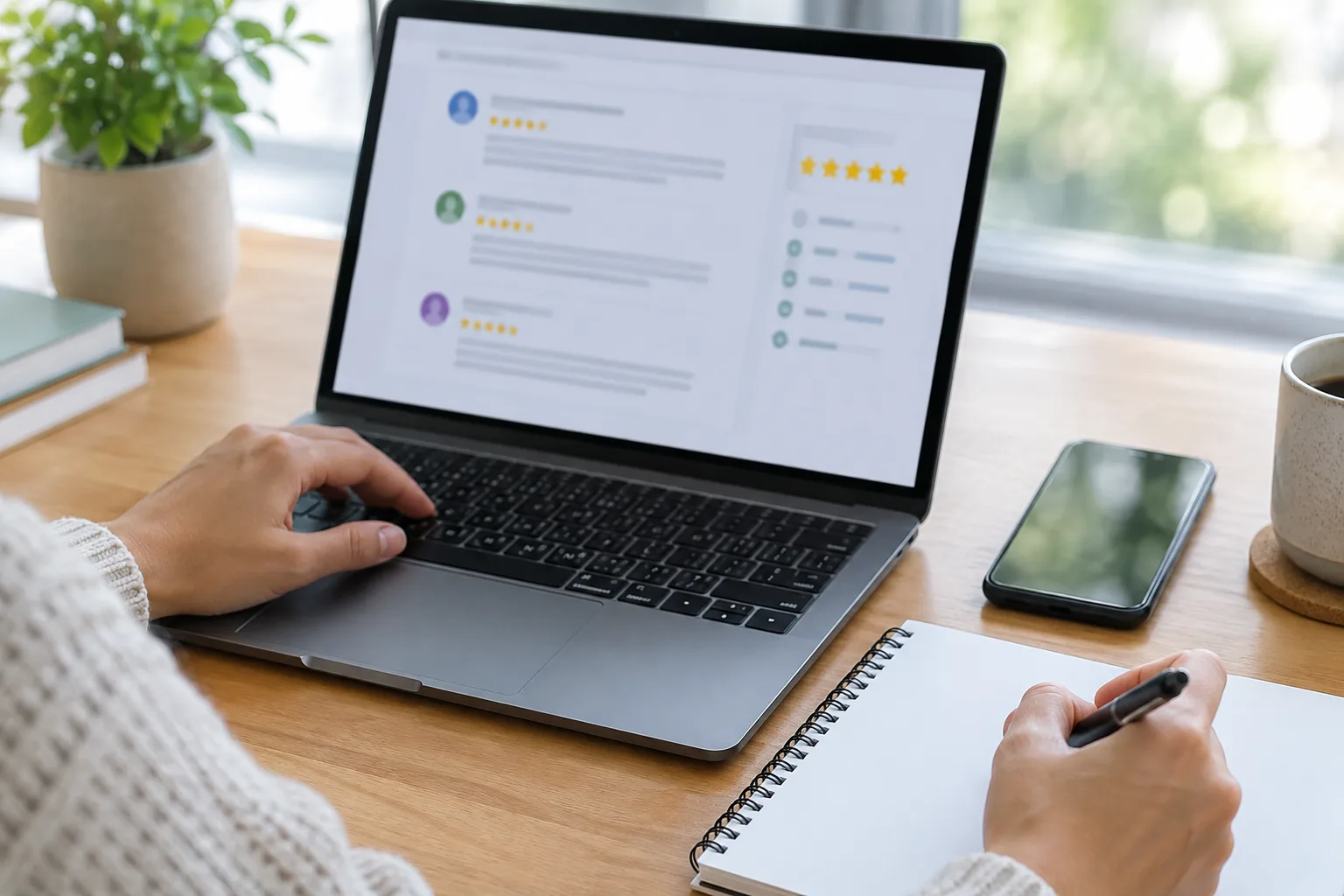 Des mains prennent des notes à côté d’un ordinateur affichant une page d’avis indistincte.