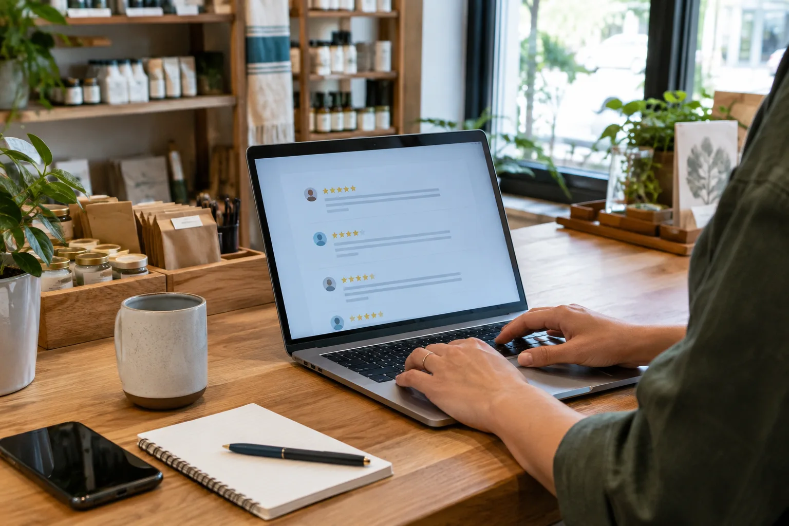 Un professionnel examine des avis clients sur un ordinateur posé sur un comptoir.