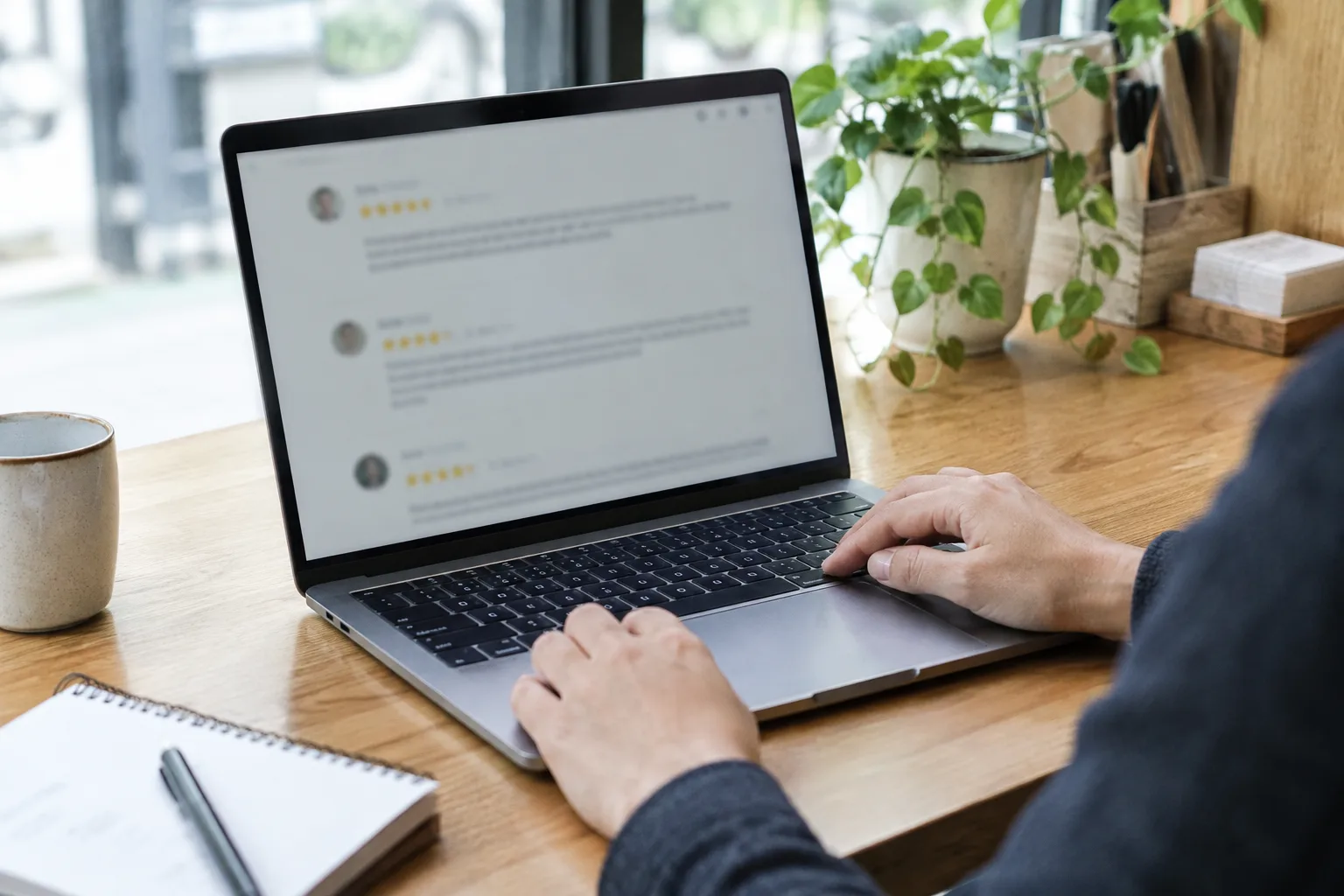 Un professionnel consulte un avis client sur un ordinateur dans son établissement.