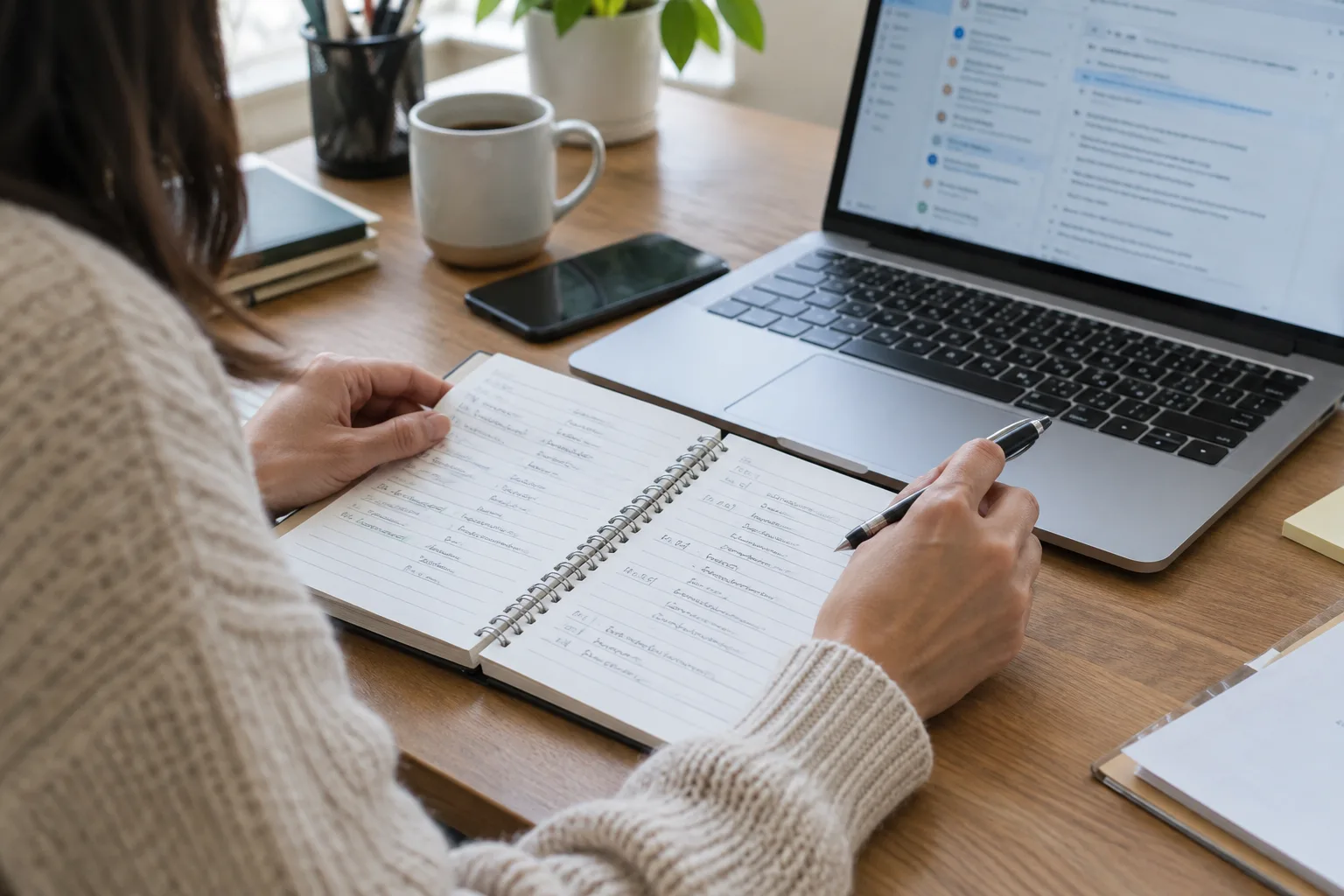 Un professionnel compare des notes et des documents pour vérifier le contexte d’un ancien avis client.