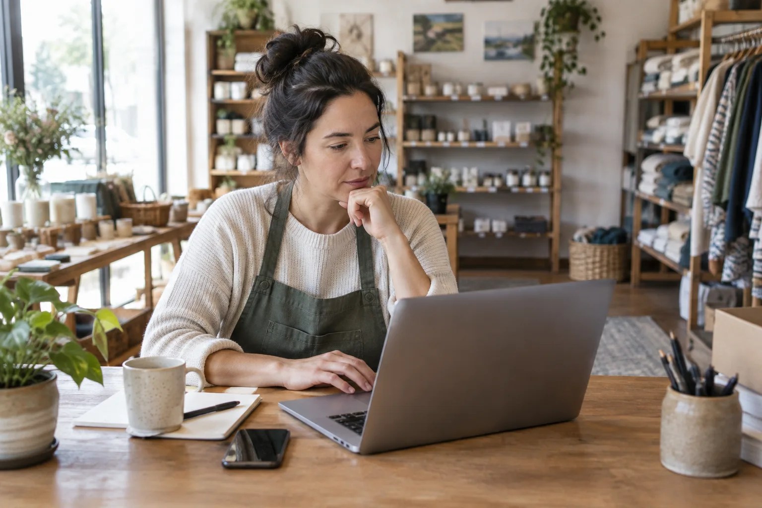 Un commerçant examine calmement des avis clients sur un ordinateur dans sa boutique.