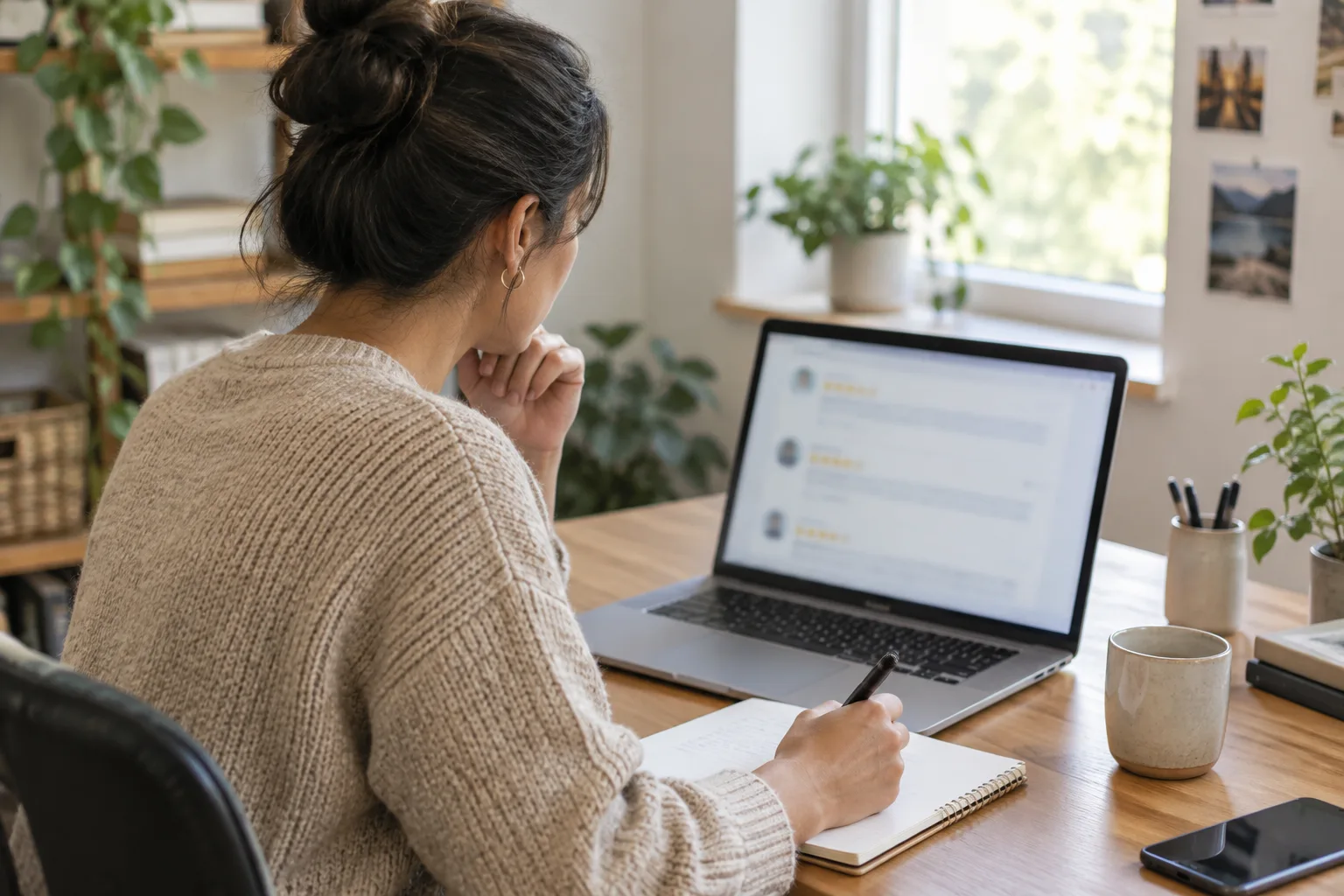 Un professionnel prépare une réponse à un avis client depuis son bureau.