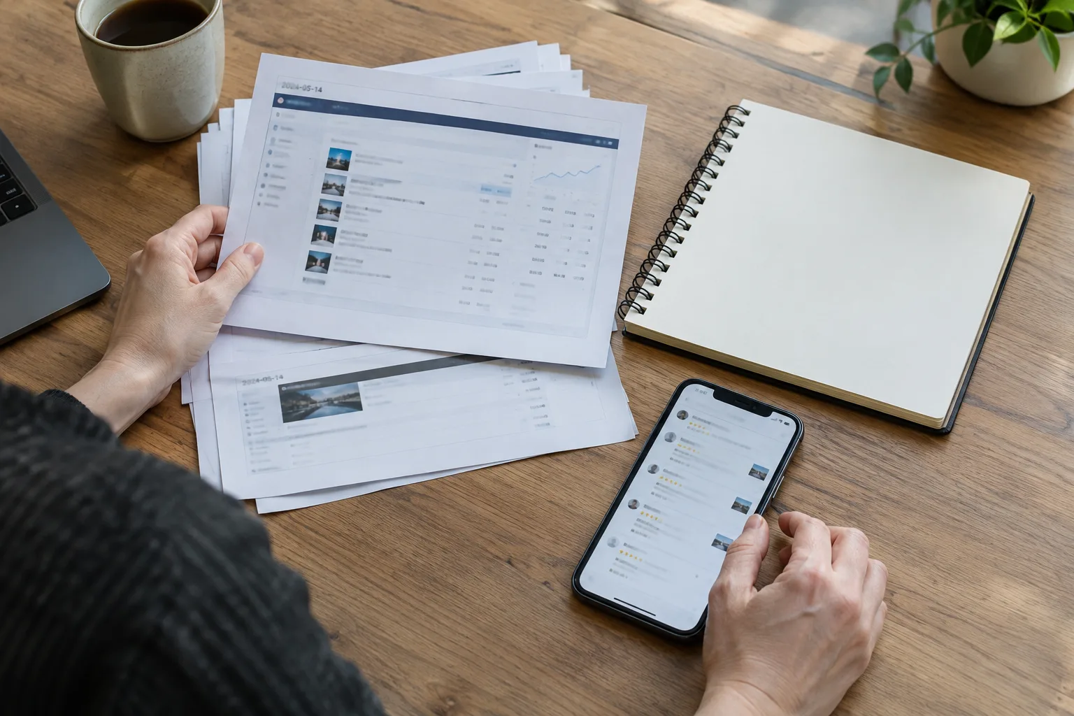 Des mains organisent une capture d’écran et un carnet pour documenter un avis en ligne.