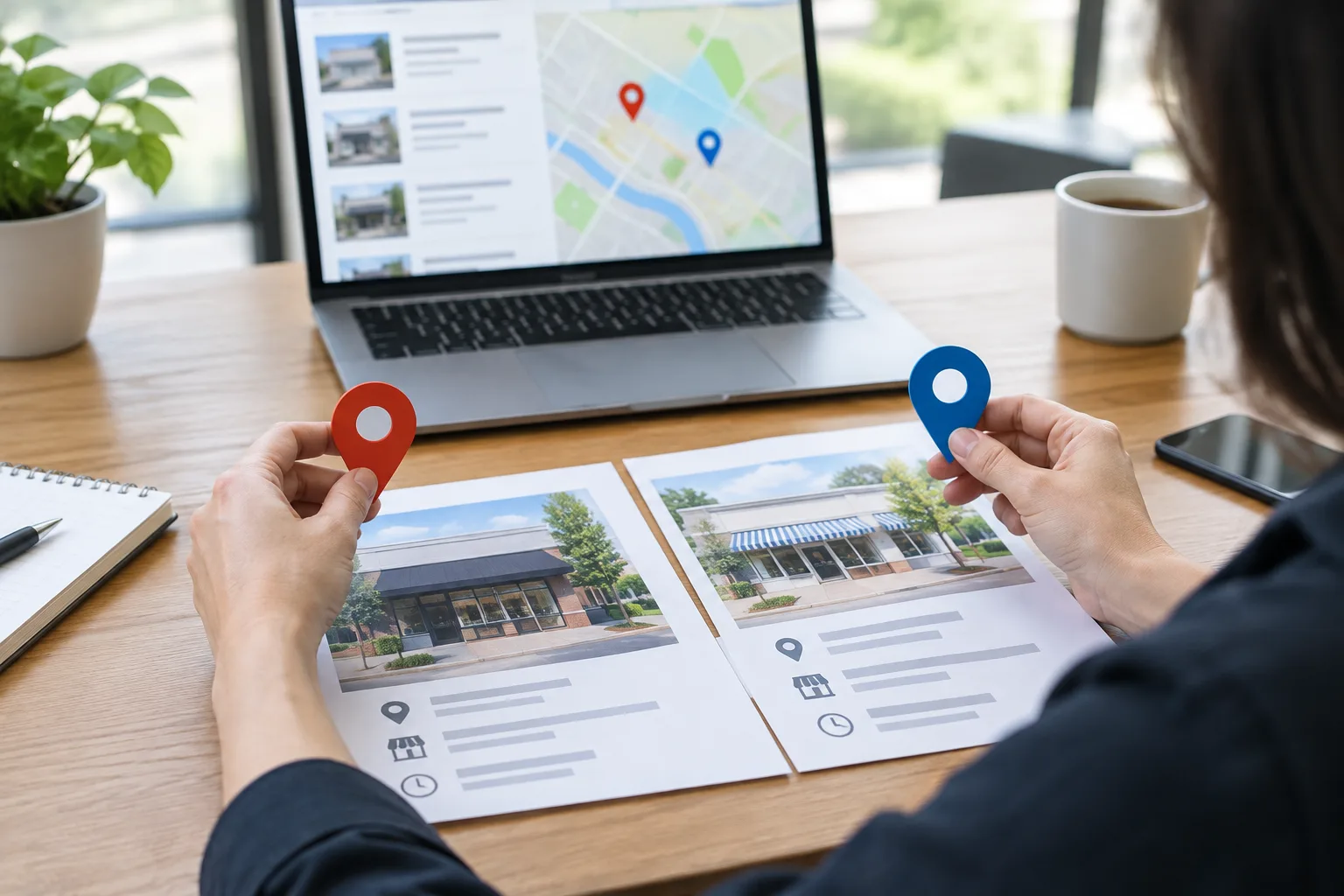 Un professionnel compare les informations de plusieurs établissements sur un bureau.