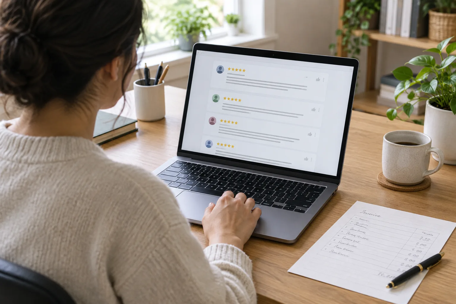 Un commerçant consulte un avis client sur son ordinateur, avec une facture posée sur le bureau.