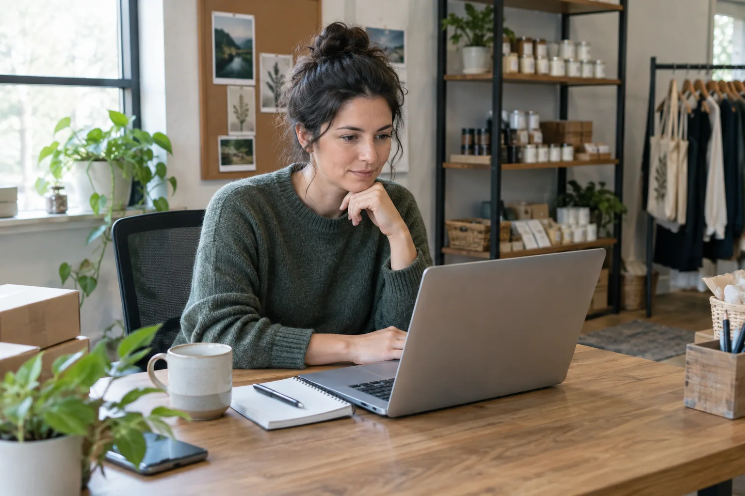 Un commerçant consulte des avis en ligne dans son bureau.