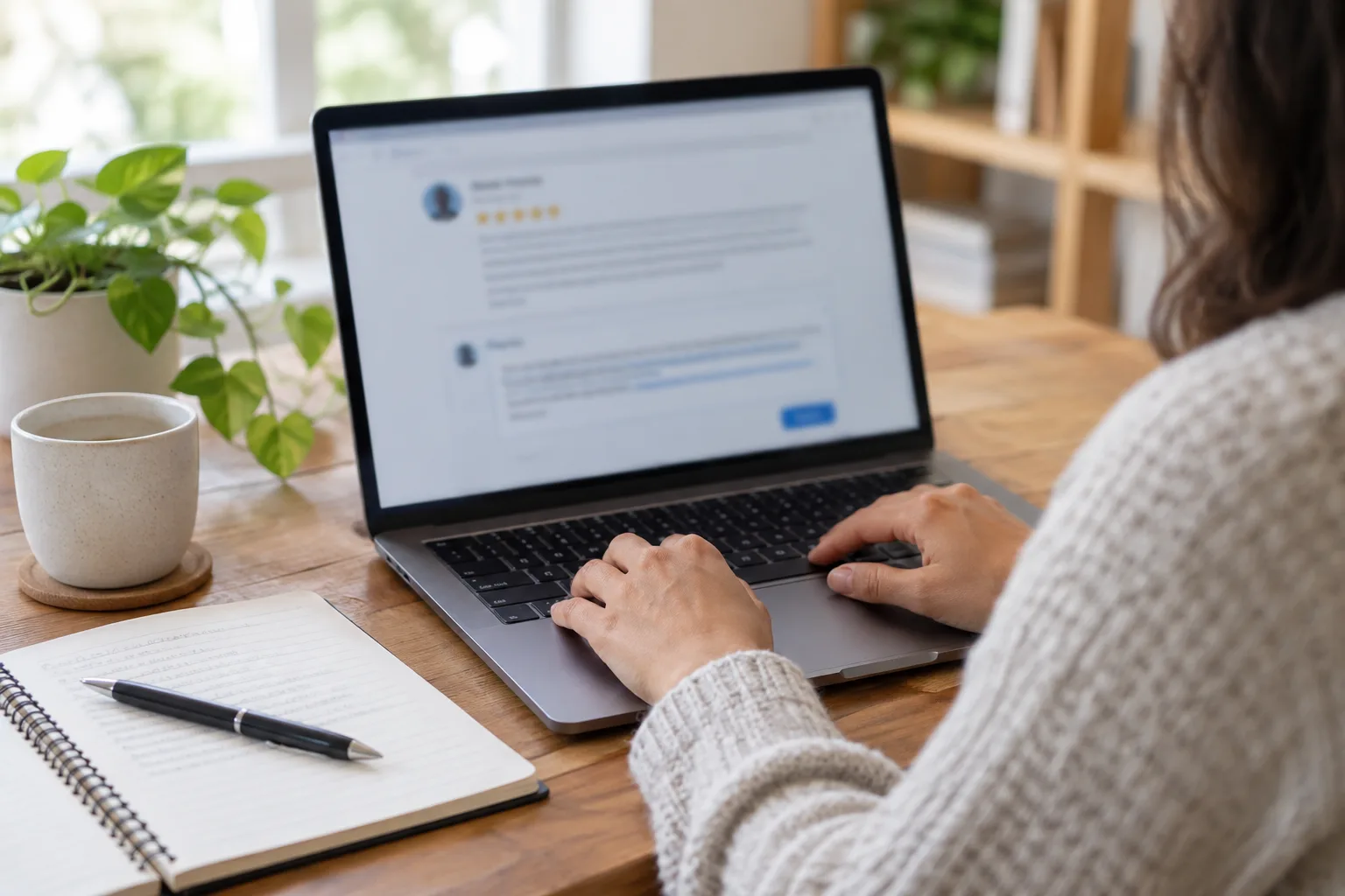 Un professionnel prépare une réponse à un avis client depuis son ordinateur.