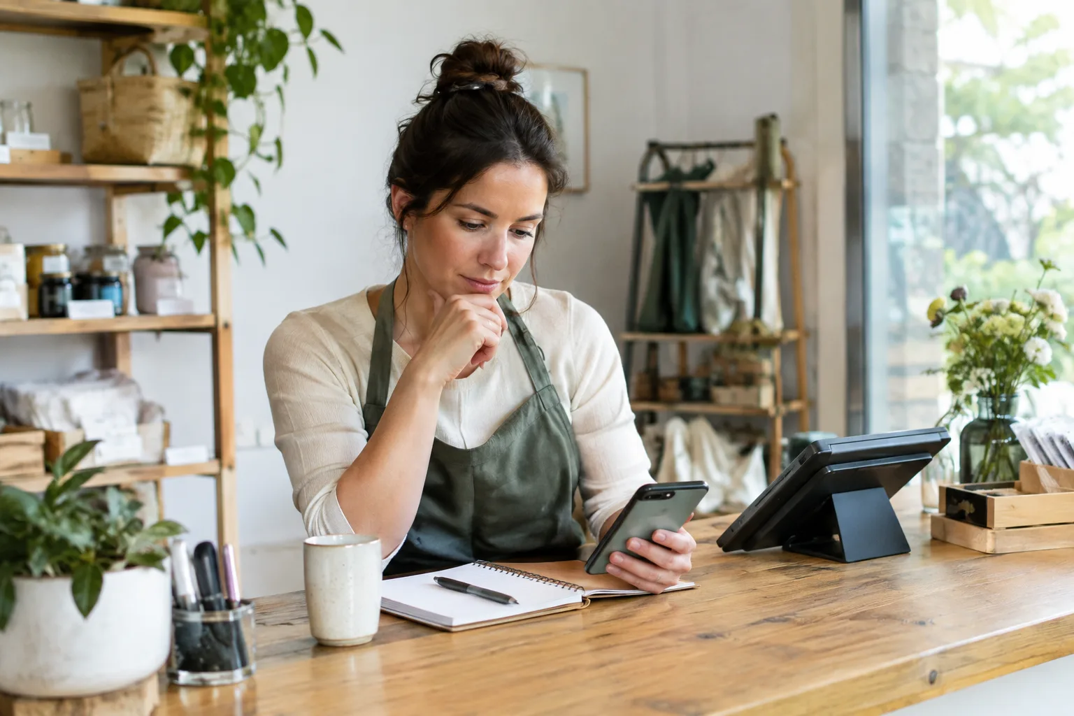 Un commerçant examine des avis sur son téléphone, avec un carnet ouvert à côté.