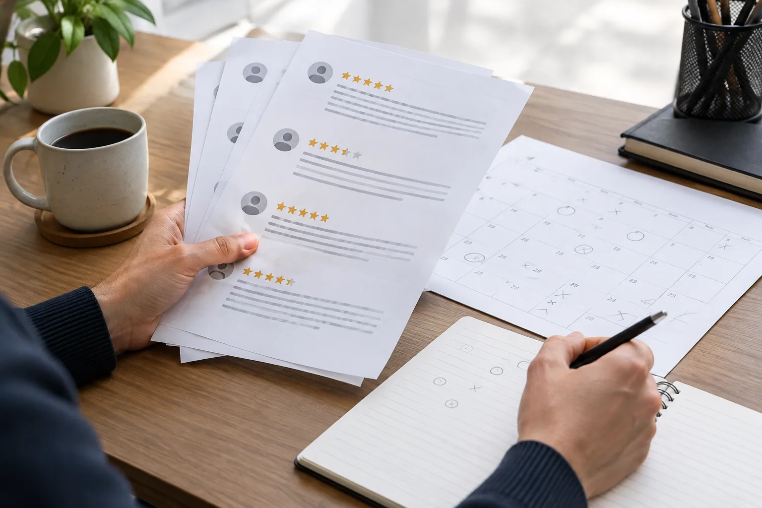 Des mains comparent des avis imprimés avec un calendrier et un carnet.