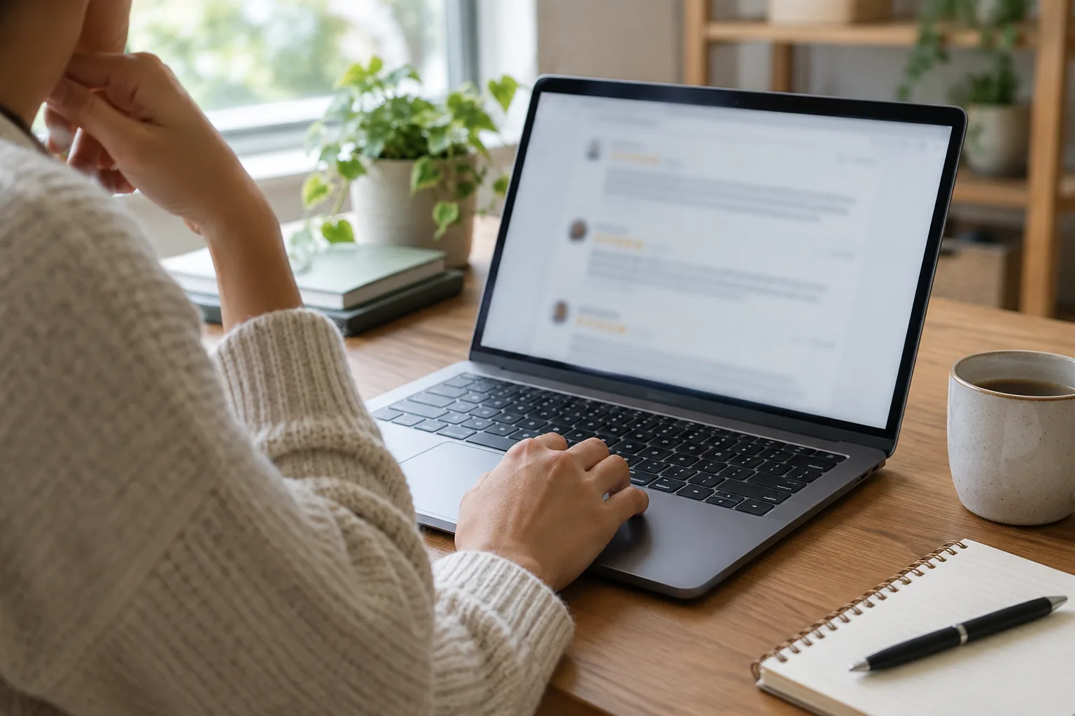Un commerçant consulte des avis clients sur un ordinateur dans son établissement.
