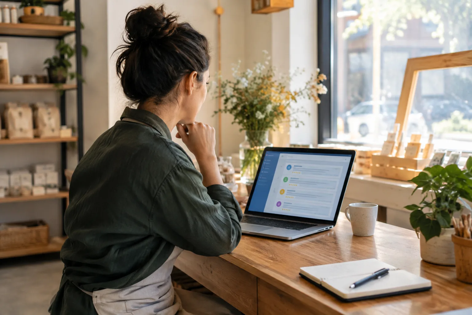 Une personne gérant une petite entreprise consulte des avis clients sur un ordinateur.