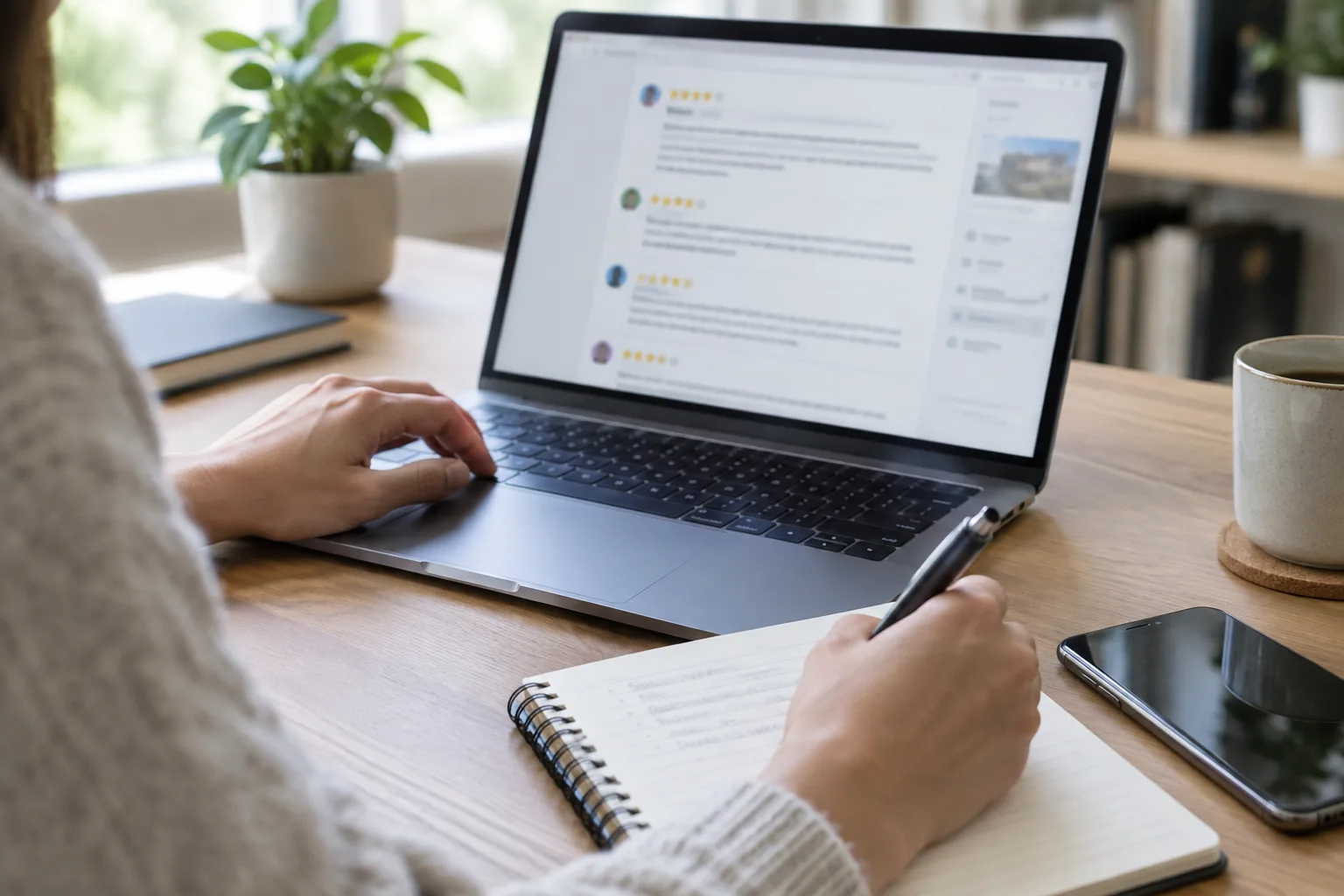 Des mains prennent des notes à côté d’un ordinateur affichant une page d’avis floutée.