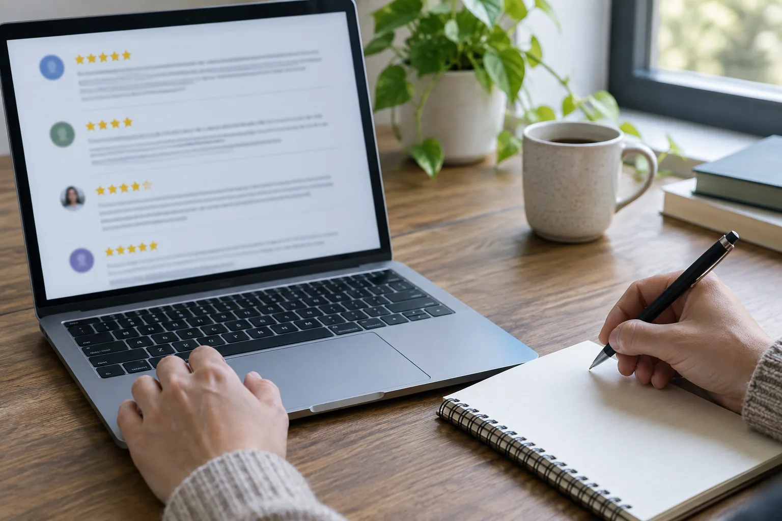 Des mains consultent une page d’avis sur un ordinateur et prennent des notes dans un carnet.