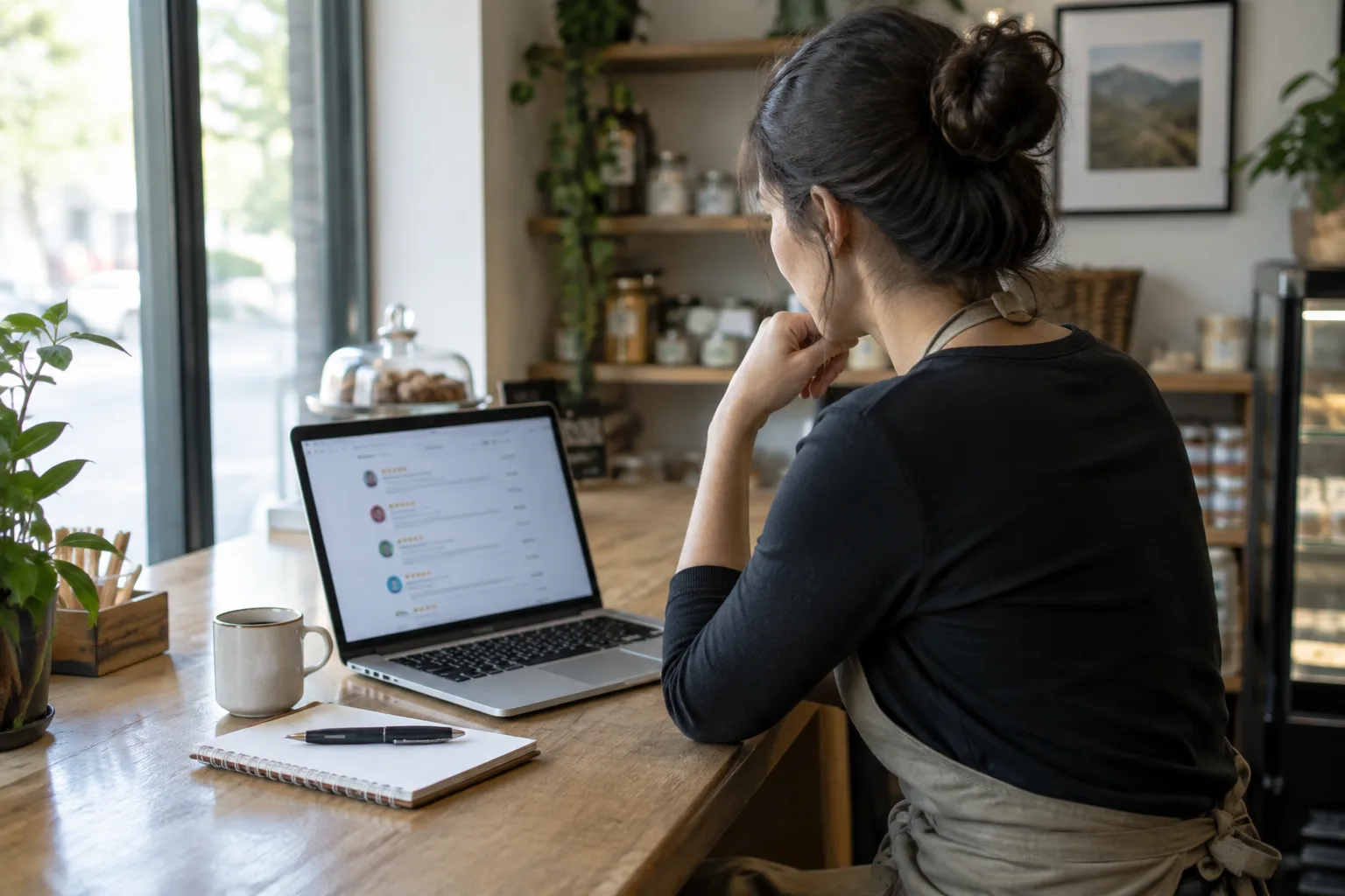 Un commerçant consulte des avis en ligne sur un ordinateur dans son établissement.