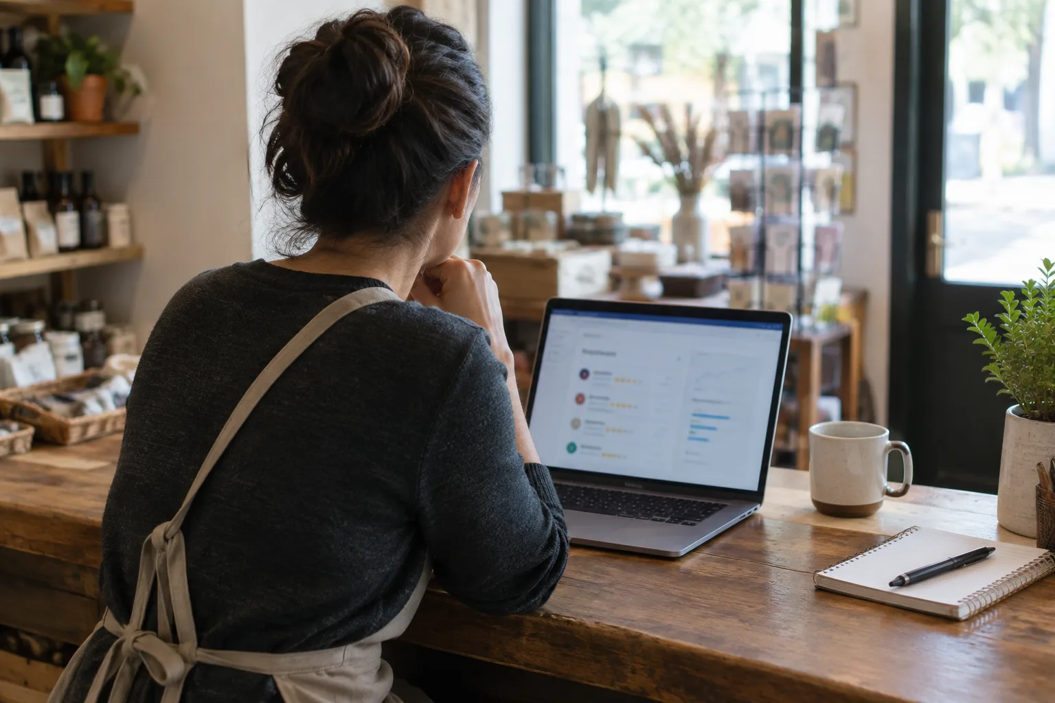 Un commerçant consulte un avis en ligne sur son ordinateur, à son bureau.