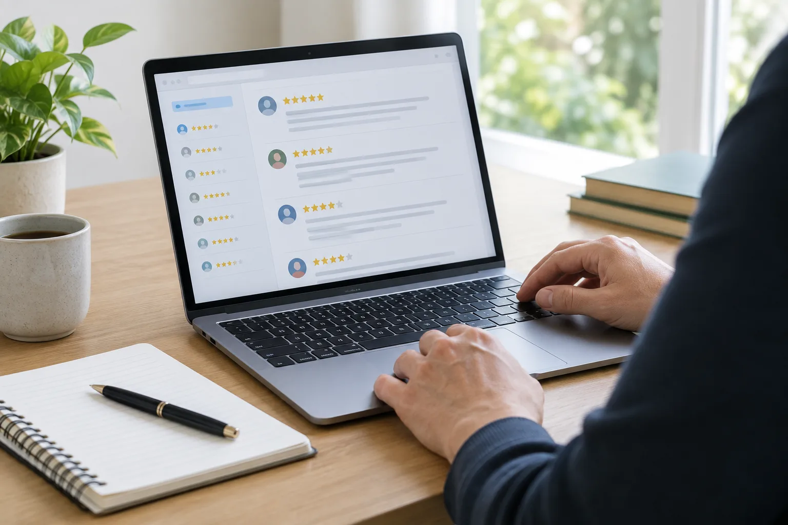 Un professionnel consulte des avis clients sur un ordinateur, avec un carnet ouvert à côté.