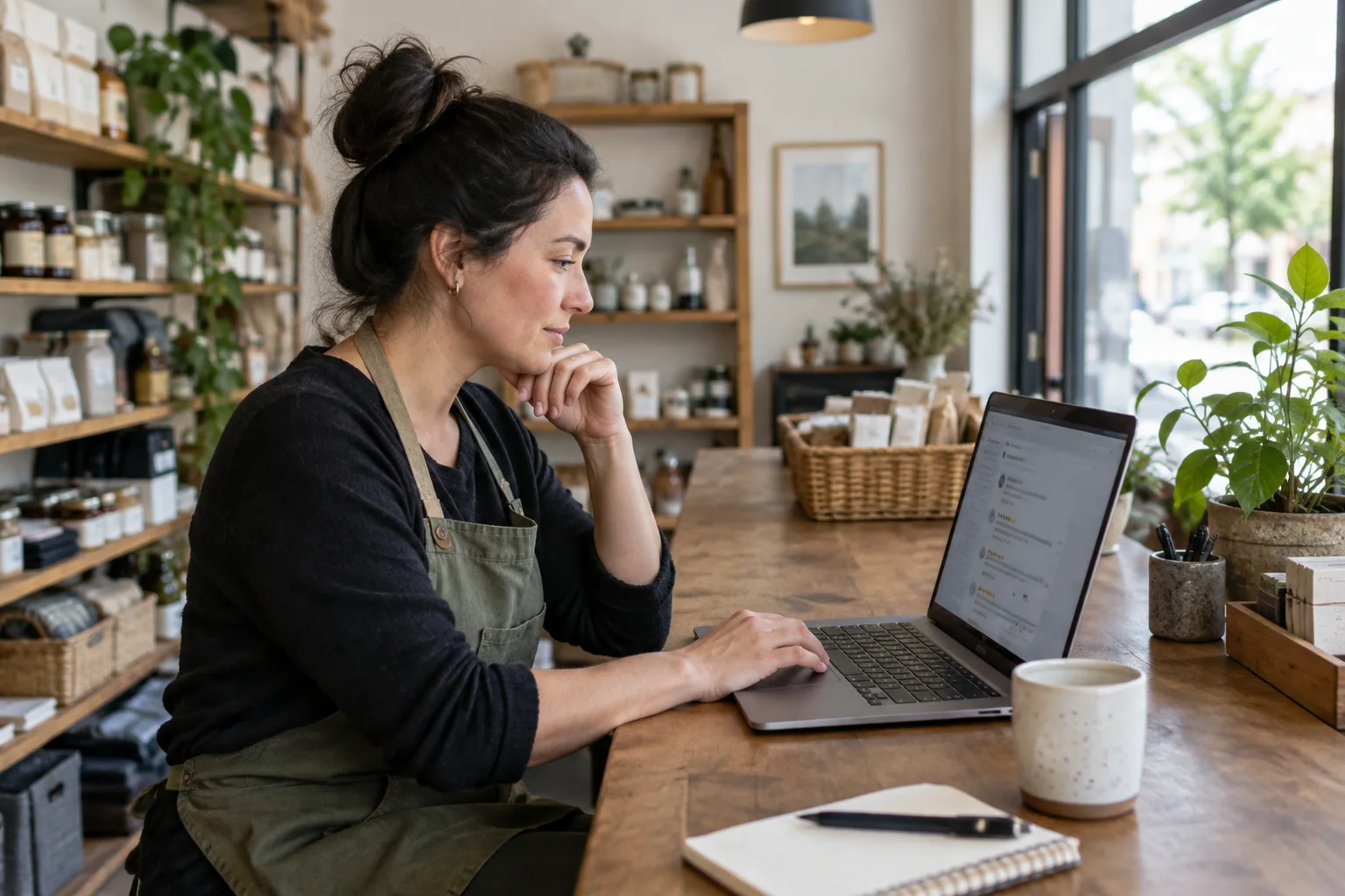 Une personne qui gère une petite entreprise consulte des avis clients sur un ordinateur.