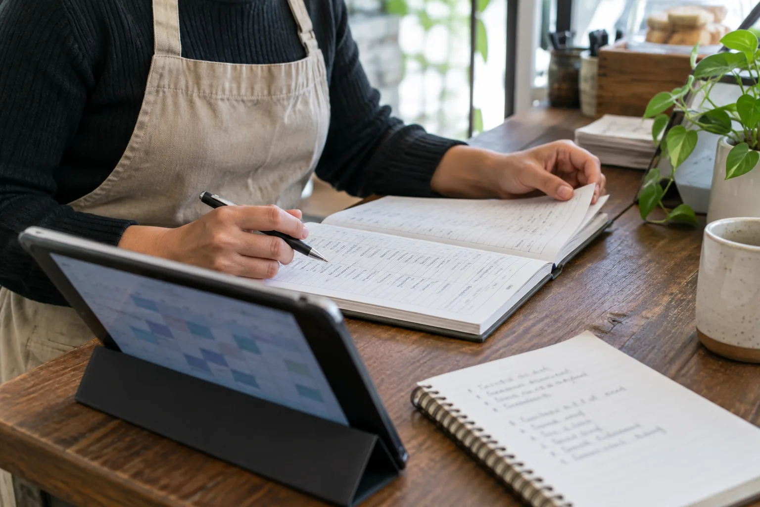 Un professionnel compare un carnet de réservations et une tablette pour vérifier les informations disponibles.