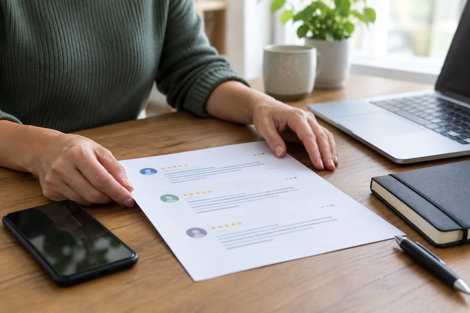 Des mains organisent des documents et un téléphone pour conserver une trace d’un avis en ligne.