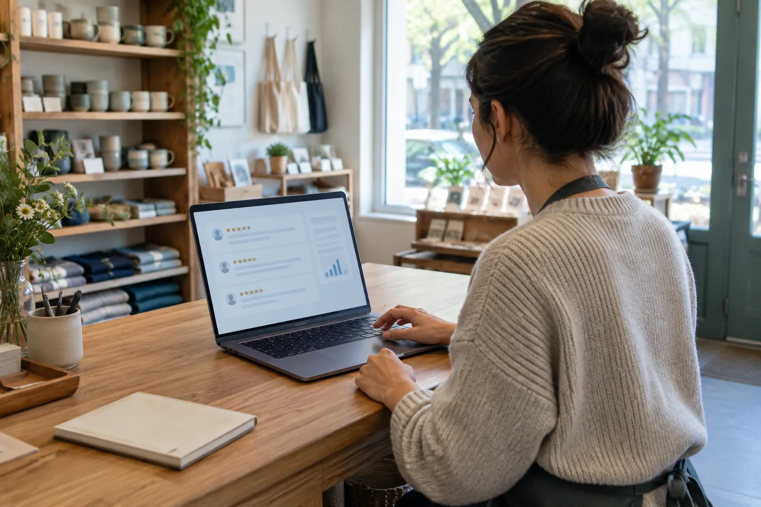 Un commerçant consulte des avis en ligne depuis le comptoir de sa boutique.