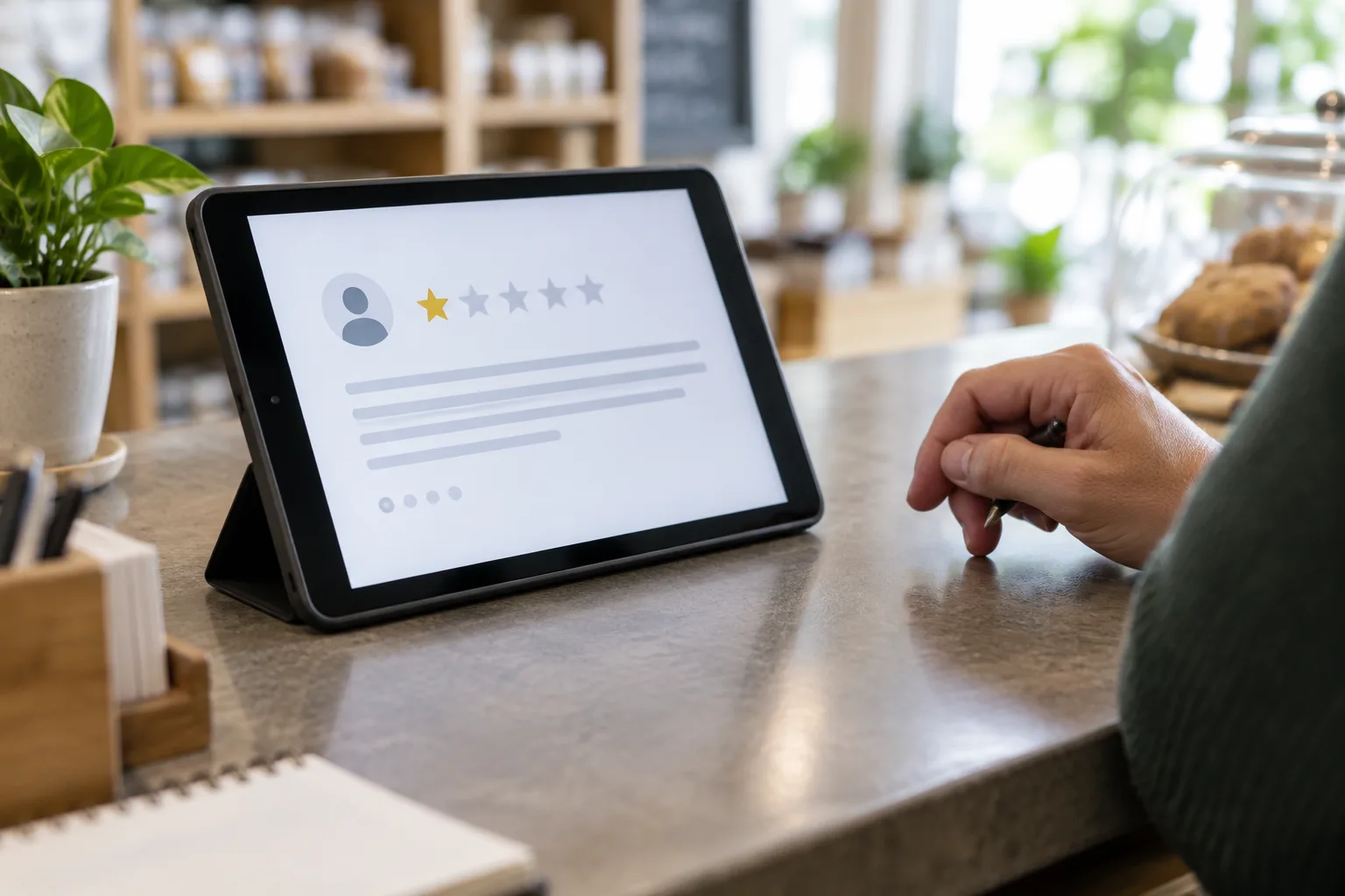 Une tablette affiche une note basse sans commentaire détaillé, près de la main d’un professionnel.