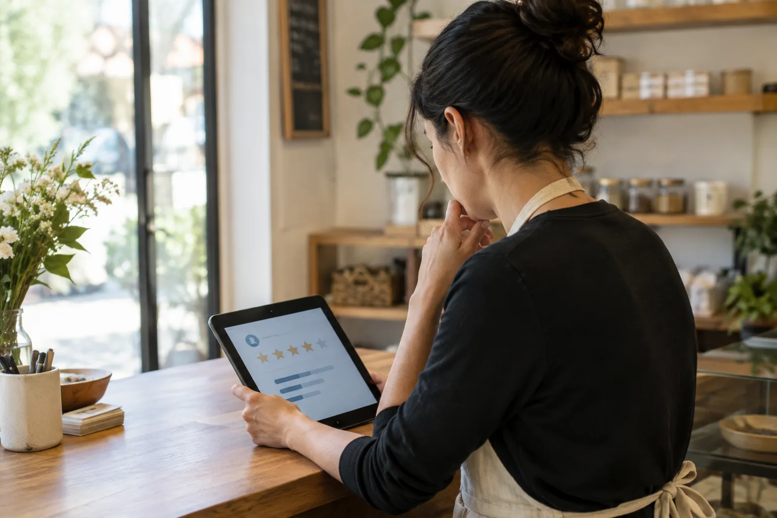Une personne consulte une fiche d’avis sur une tablette posée sur le comptoir d’un petit commerce.