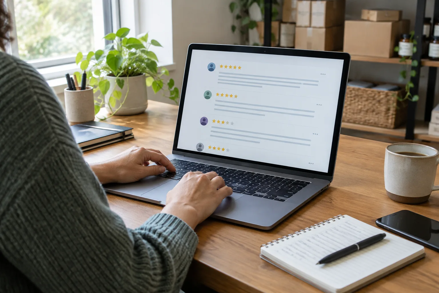 Un professionnel consulte des avis clients sur un ordinateur dans son espace de travail.