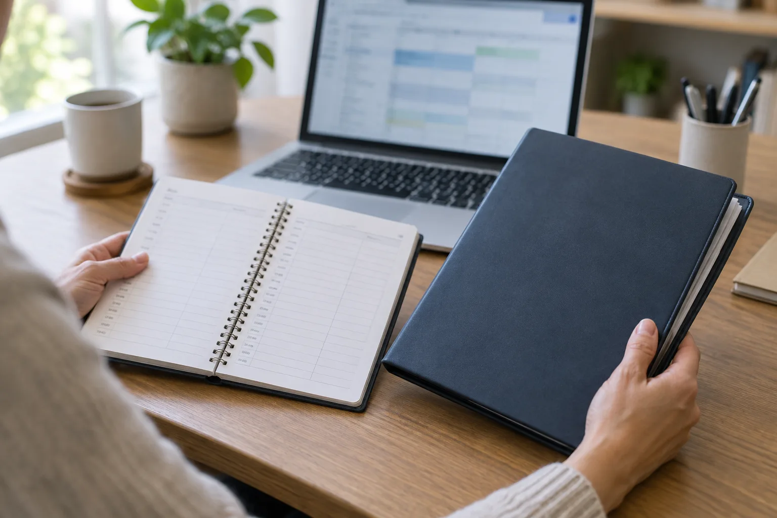 Les mains d’un professionnel consultent un agenda et un dossier client près d’un ordinateur.