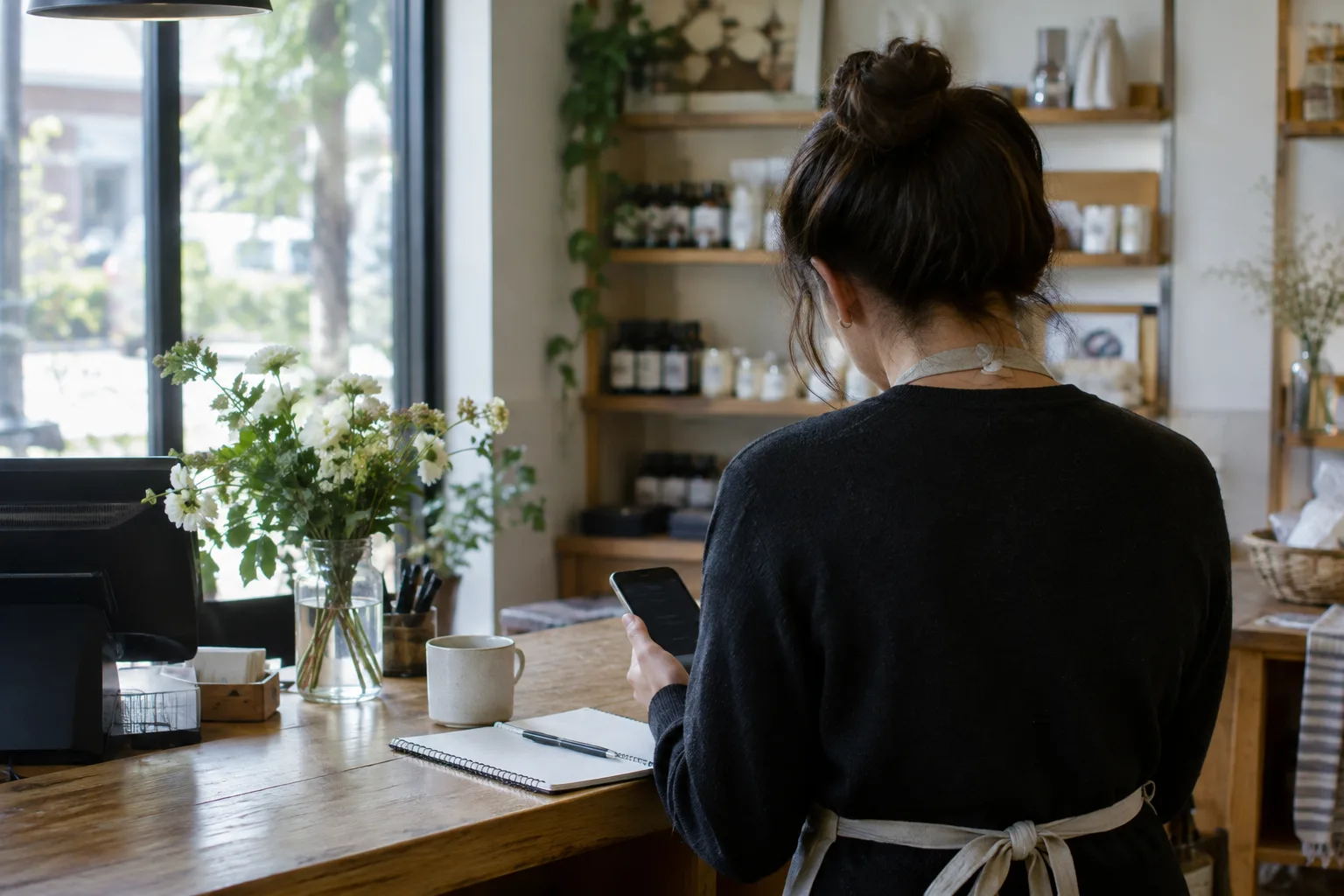 Un commerçant consulte son téléphone près d’un carnet au comptoir de son établissement.