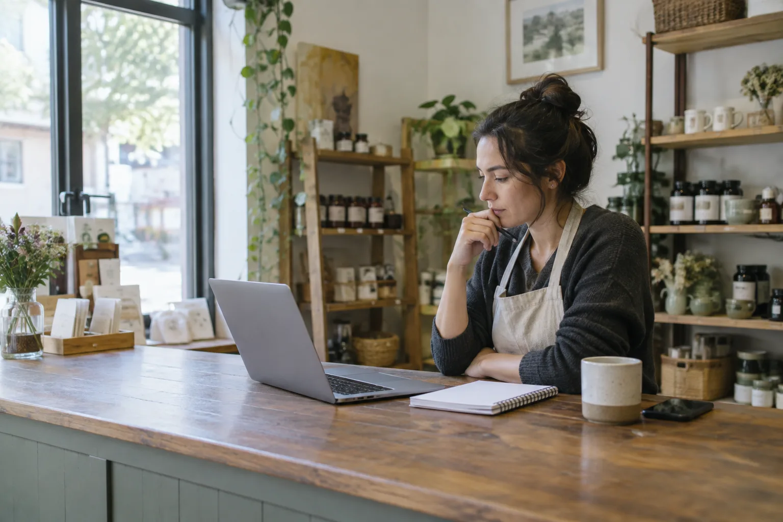 Un commerçant examine des retours clients sur son ordinateur, près d’un carnet de notes.