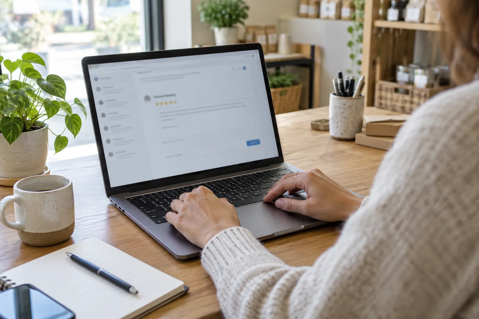 Un professionnel prépare une réponse à un avis client devant son ordinateur.