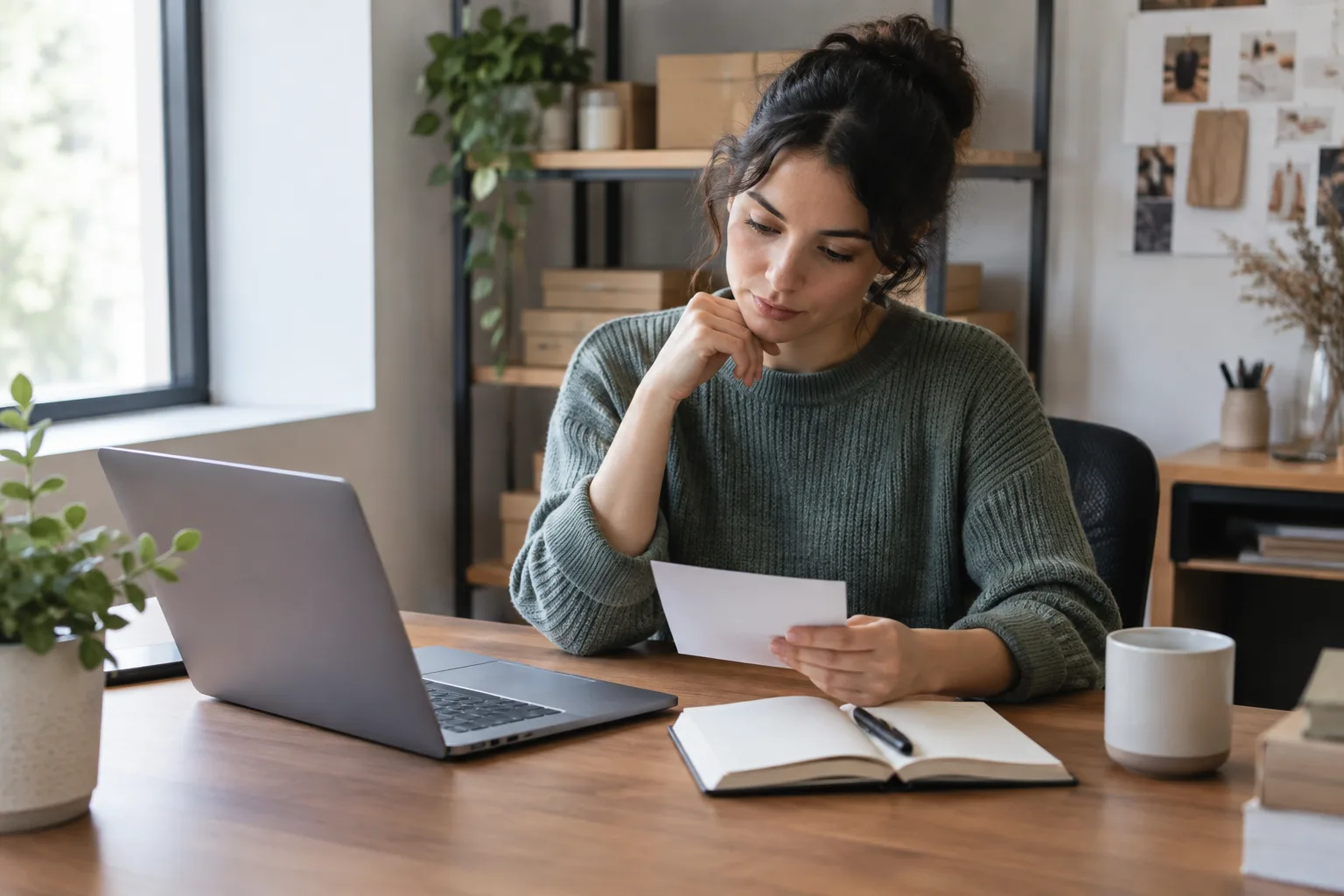 Un professionnel examine des avis clients à son bureau avant de répondre.