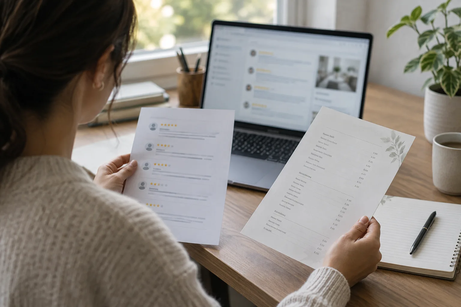 Un professionnel consulte des retours clients et une grille tarifaire sur son bureau.