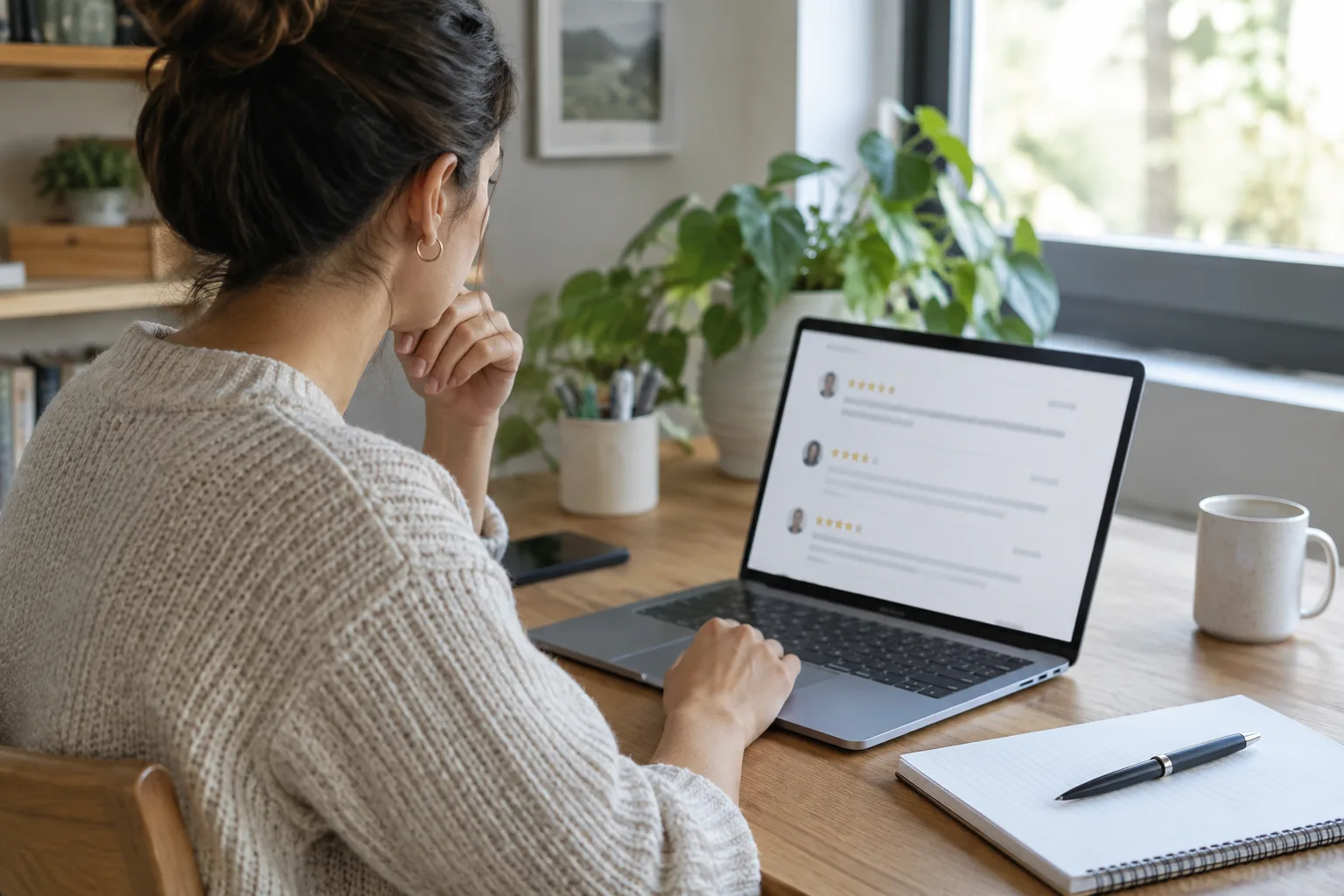 Un professionnel consulte des avis en ligne et prend des notes à son bureau.