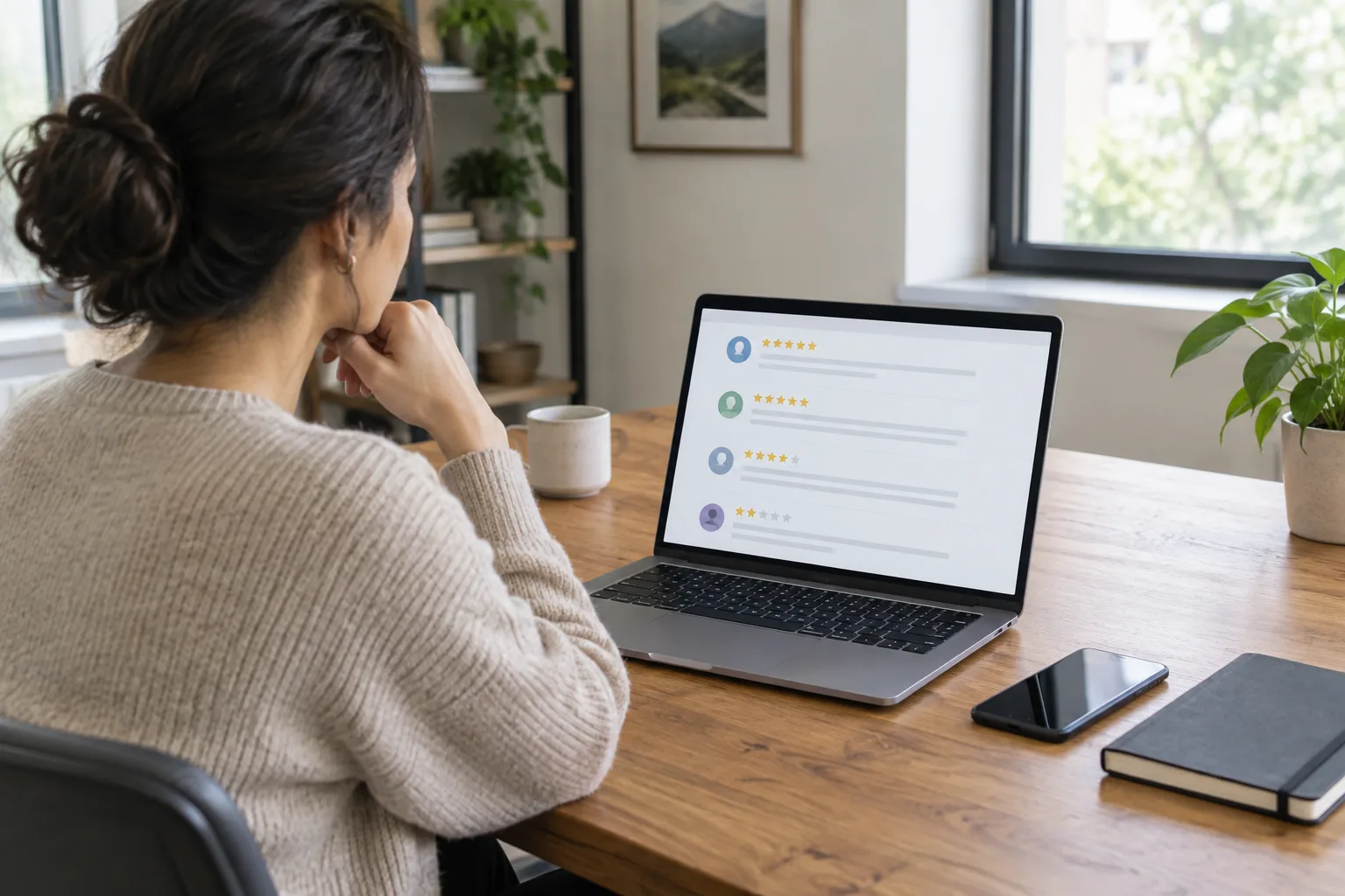 Un commerçant examine des avis en ligne sur un ordinateur, avec un téléphone et un carnet posés sur le bureau.