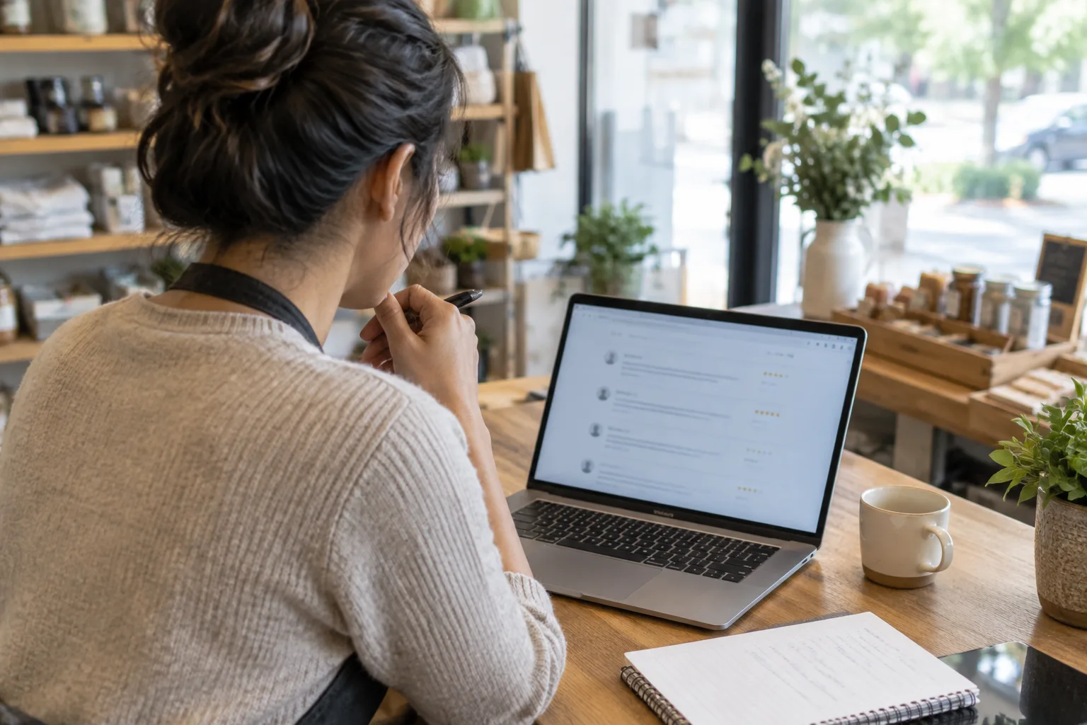 Un professionnel examine des avis clients sur un ordinateur, un carnet ouvert à côté.