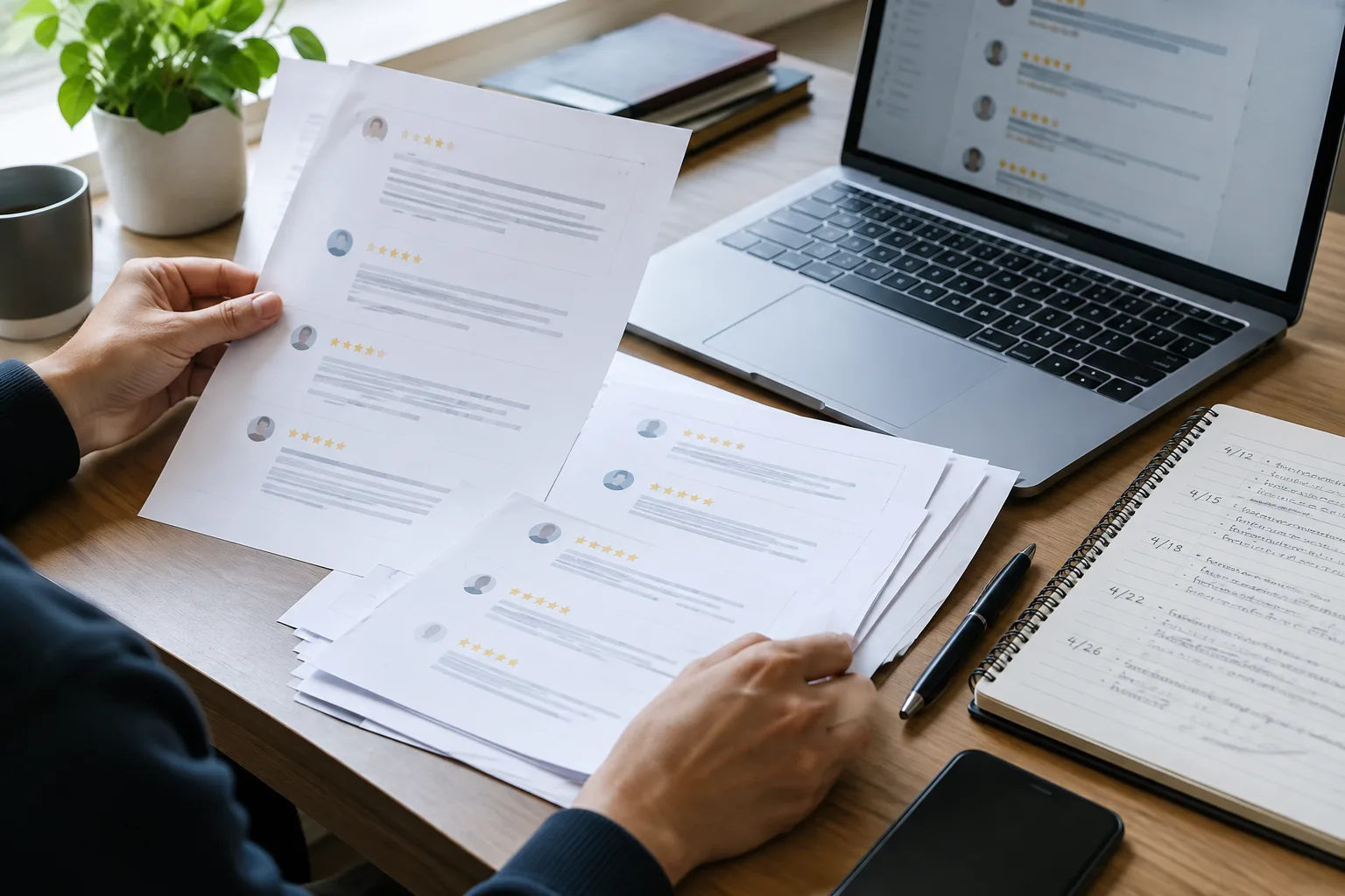 Des mains réunissent des documents et des notes datées près d’un ordinateur.