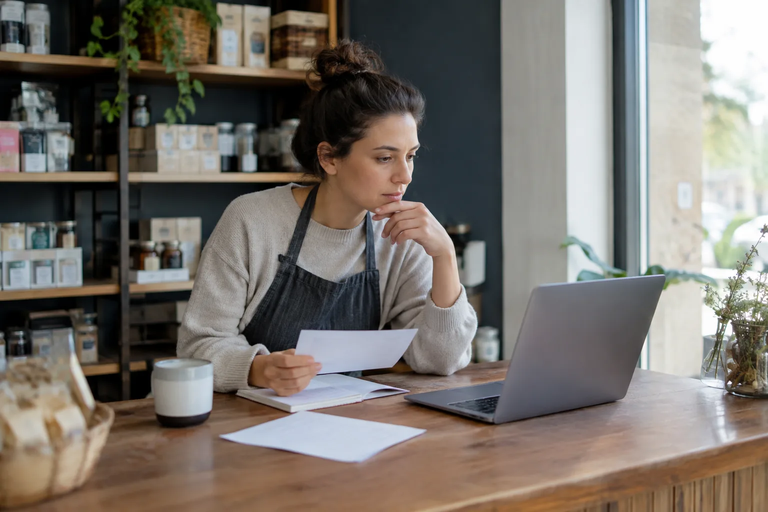 Un commerçant consulte des retours clients sur un ordinateur, dans son établissement.