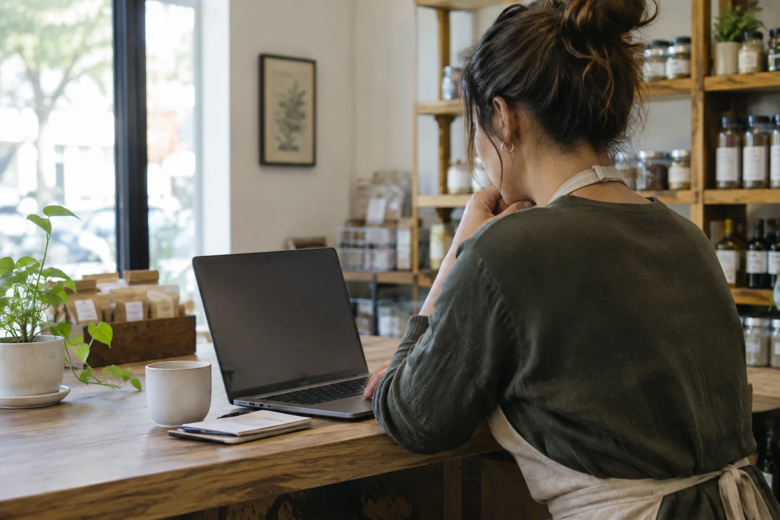 Une commerçante examine les retours en ligne sur un ordinateur, dans son établissement.