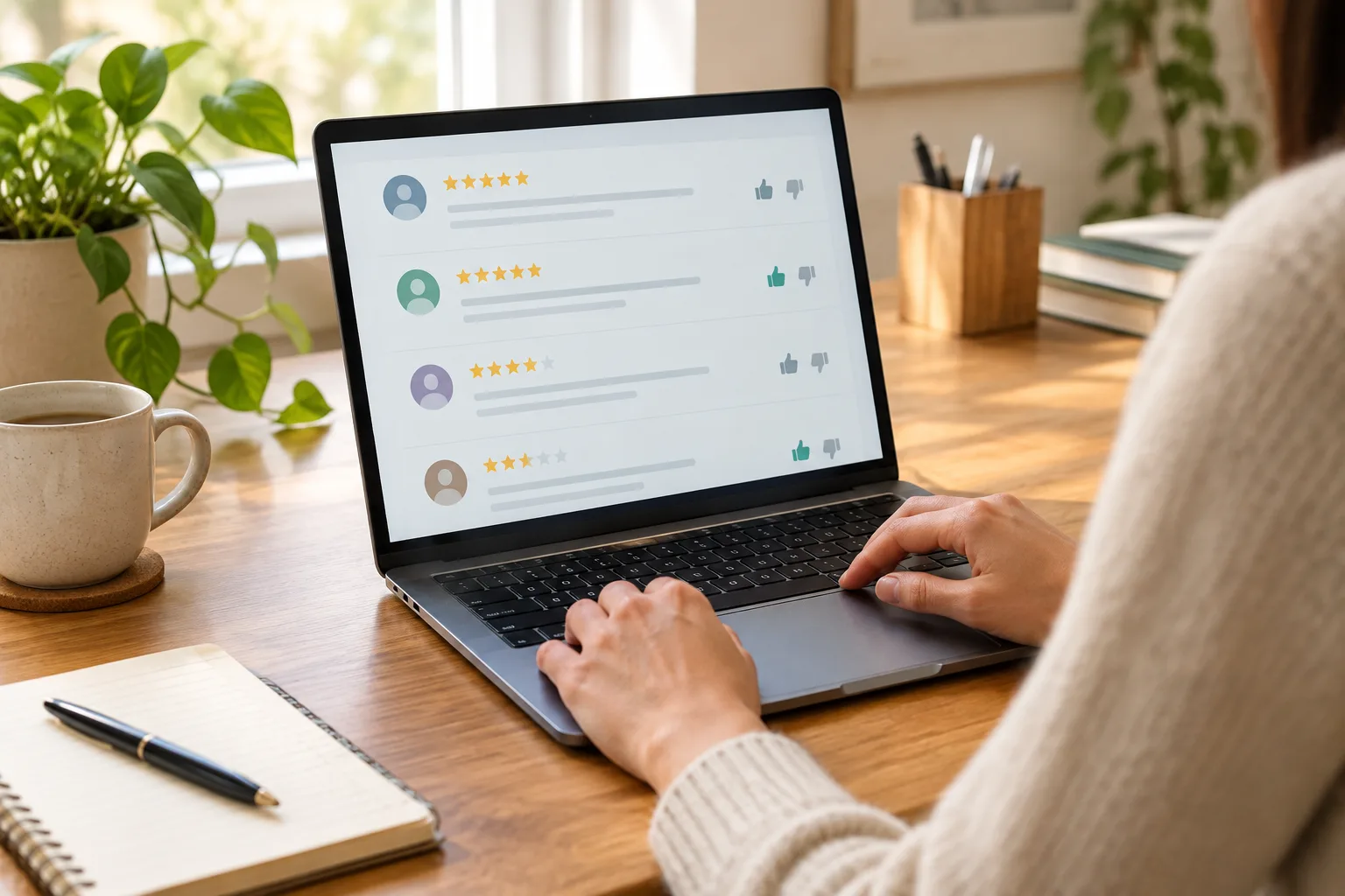Une personne consulte des avis clients sur un ordinateur dans un espace de travail lumineux.