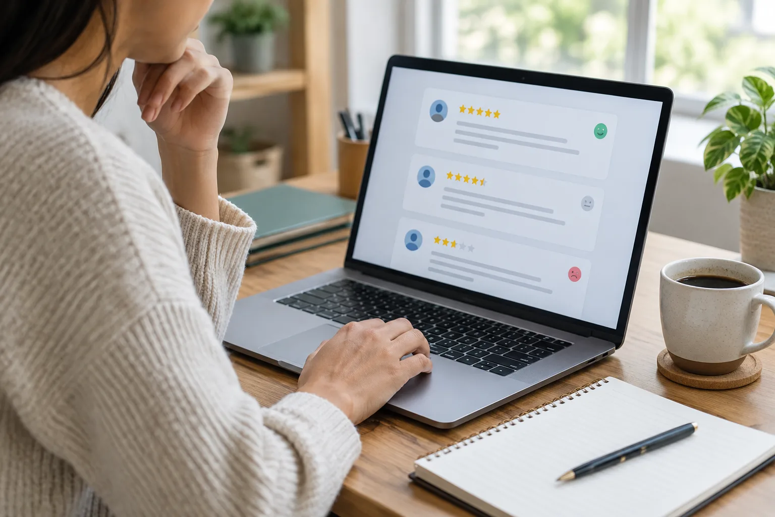 Un professionnel consulte des avis clients sur un ordinateur, avec un carnet ouvert à côté.