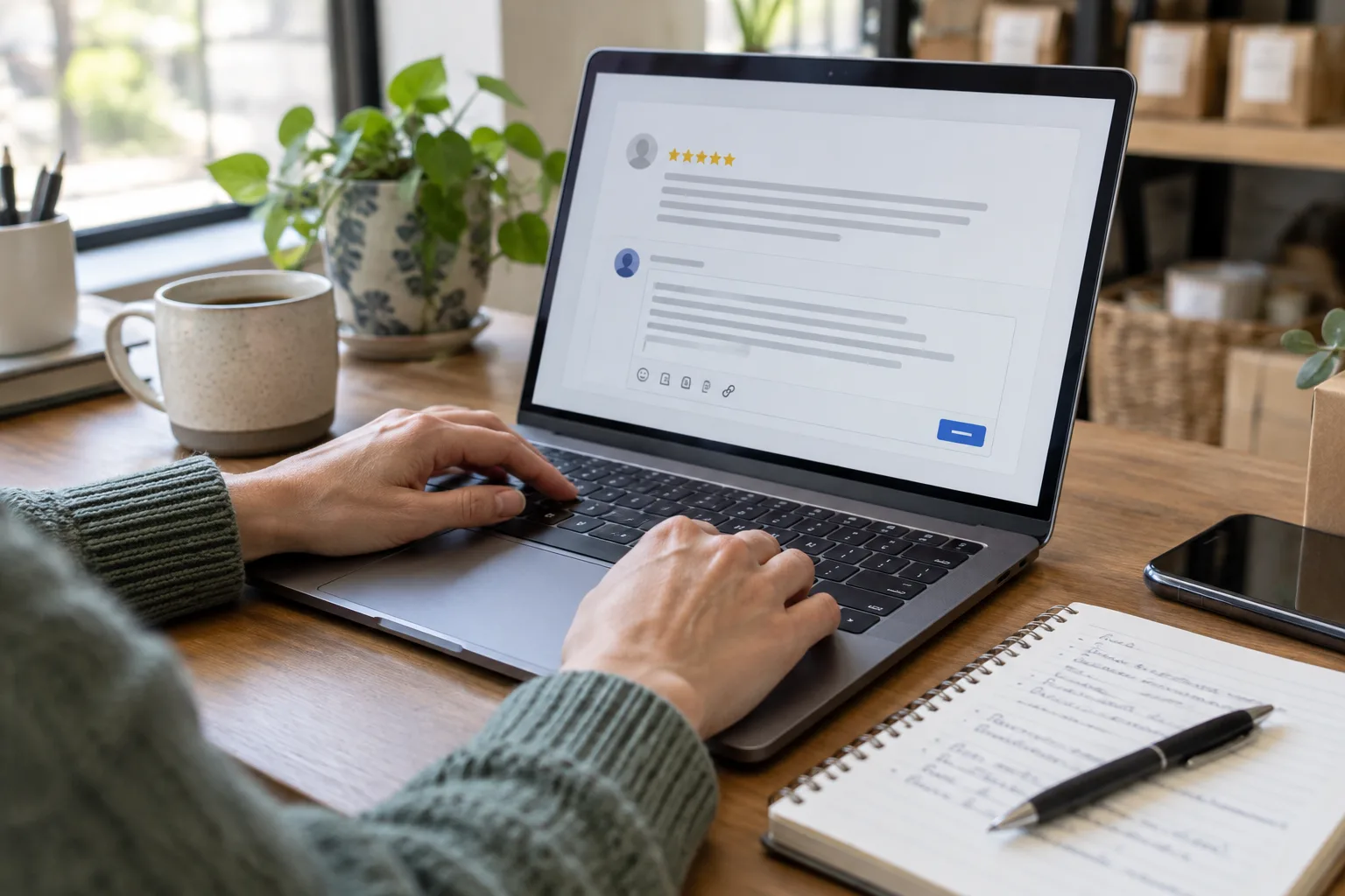 Un professionnel prépare une réponse à un avis client sur son ordinateur.